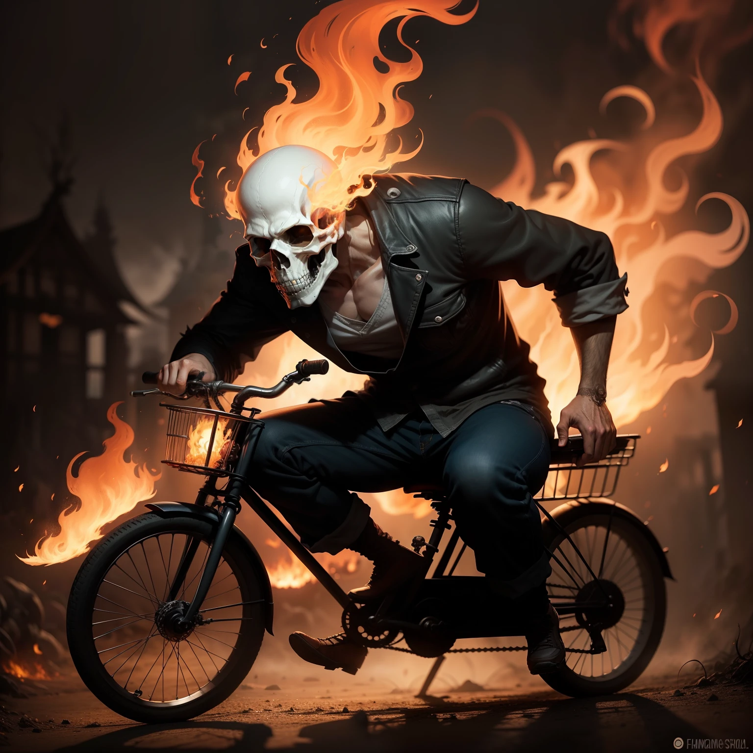Crie um desenho do Cicista fantasma, man with flaming skull, pedalando uma bicicleta em chamas