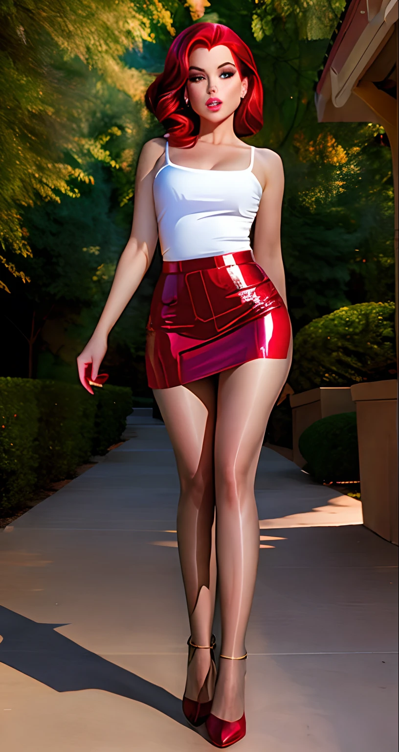 Show entire body, feet in view, Jessica Rabbit, red skirt, pantyhose, no shoes, outdoors