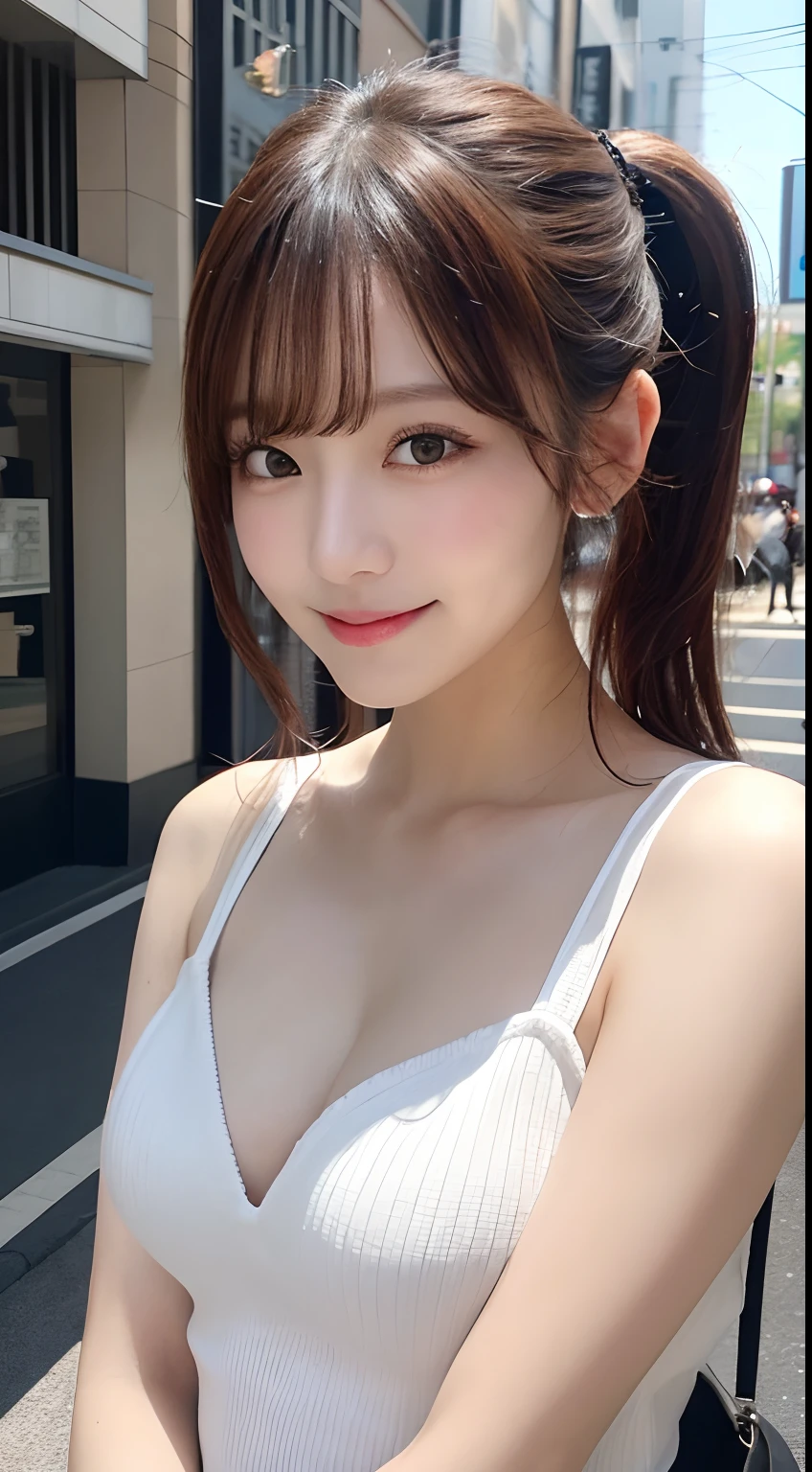 masutepiece, Best Quality, Illustration, Ultra-detailed, finely detail, hight resolution, 8K Wallpaper, Perfect dynamic composition, Beautiful detailed eyes, Women's Fashion Summer,Small breasts natural color lip, Bold sexy poses,Smile,Harajuku、20 years girl、Cute、Sexy shot looking at camera、poneyTail