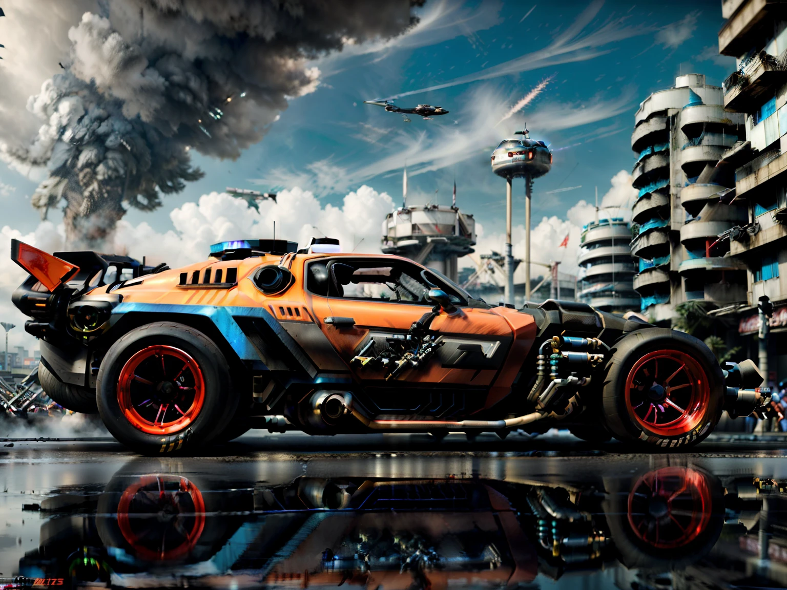 une vue 3/4 de face de ((futuristes cyberpunk hotrod zeekars)) (avec des jantes rouges), sur le parking, format 32:9
