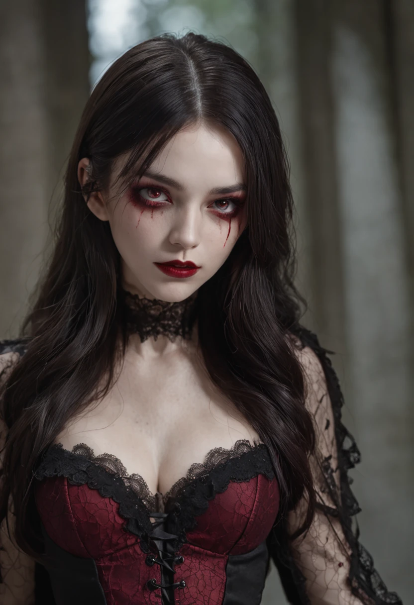1 Vampires, (Female:0.8), poison fangs, Blood, Neck bites, Pale skin, intense eyes, Seductive expression, (Blood dripping:1.2), (Erotic atmosphere:1.3), Dark hair, Long flowing hair, (Black lace dress:1.2), (cropped shoulders:0.9), (Red corset:1.1), (Torn clothing:0.8), (Seductive pose:1.2), (Moaning:1.4), (Moonlight:1.3), (gothic environment:1.2), (haunting background:1.1), (lifting one leg:1.2), (Glossy lips:0.9), (Whisper sweetly:1.2), (sensual lighting:1.3), (Long nails:1.1), (Heavy atmosphere:1.2), (A lingering touch:1.3), (Erotic tension:1.4).