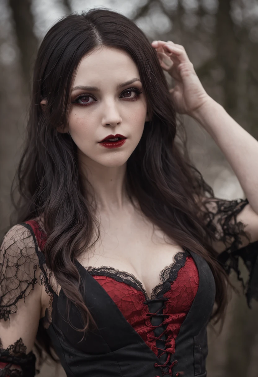 1 Vampires, (Female:0.8), poison fangs, Blood, Neck bites, Pale skin, intense eyes, Seductive expression, (Blood dripping:1.2), (Erotic atmosphere:1.3), Dark hair, Long flowing hair, (Black lace dress:1.2), (cropped shoulders:0.9), (Red corset:1.1), (Torn clothing:0.8), (Seductive pose:1.2), (Moaning:1.4), (Moonlight:1.3), (gothic environment:1.2), (haunting background:1.1), (lifting one leg:1.2), (Glossy lips:0.9), (Whisper sweetly:1.2), (sensual lighting:1.3), (Long nails:1.1), (Heavy atmosphere:1.2), (A lingering touch:1.3), (Erotic tension:1.4).