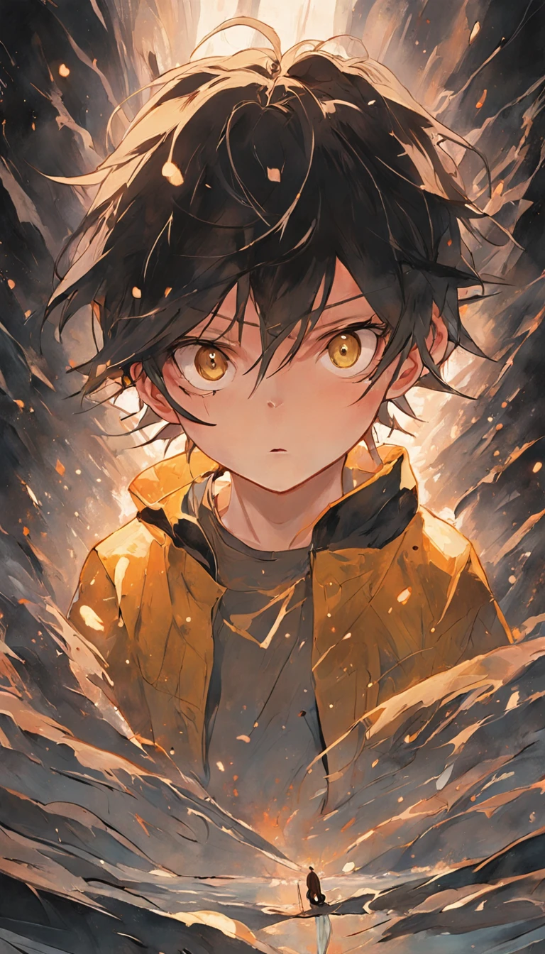 young boy with dark hair and golden bright eyes, There is ugliness in beauty, But there is also beauty in ugliness, In the style of Adrian Ghenie, Esao Adrews, Jenny Saville, Edward Hopper, surrealism, Dark Art par James Jean, Takato Yamato, Minimalism inkpunk