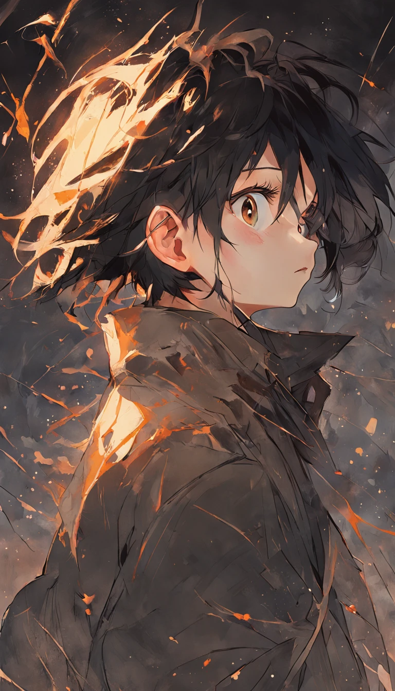 young boy with dark hair and golden bright eyes, There is ugliness in beauty, But there is also beauty in ugliness, In the style of Adrian Ghenie, Esao Adrews, Jenny Saville, Edward Hopper, surrealism, Dark Art par James Jean, Takato Yamato, Minimalism inkpunk