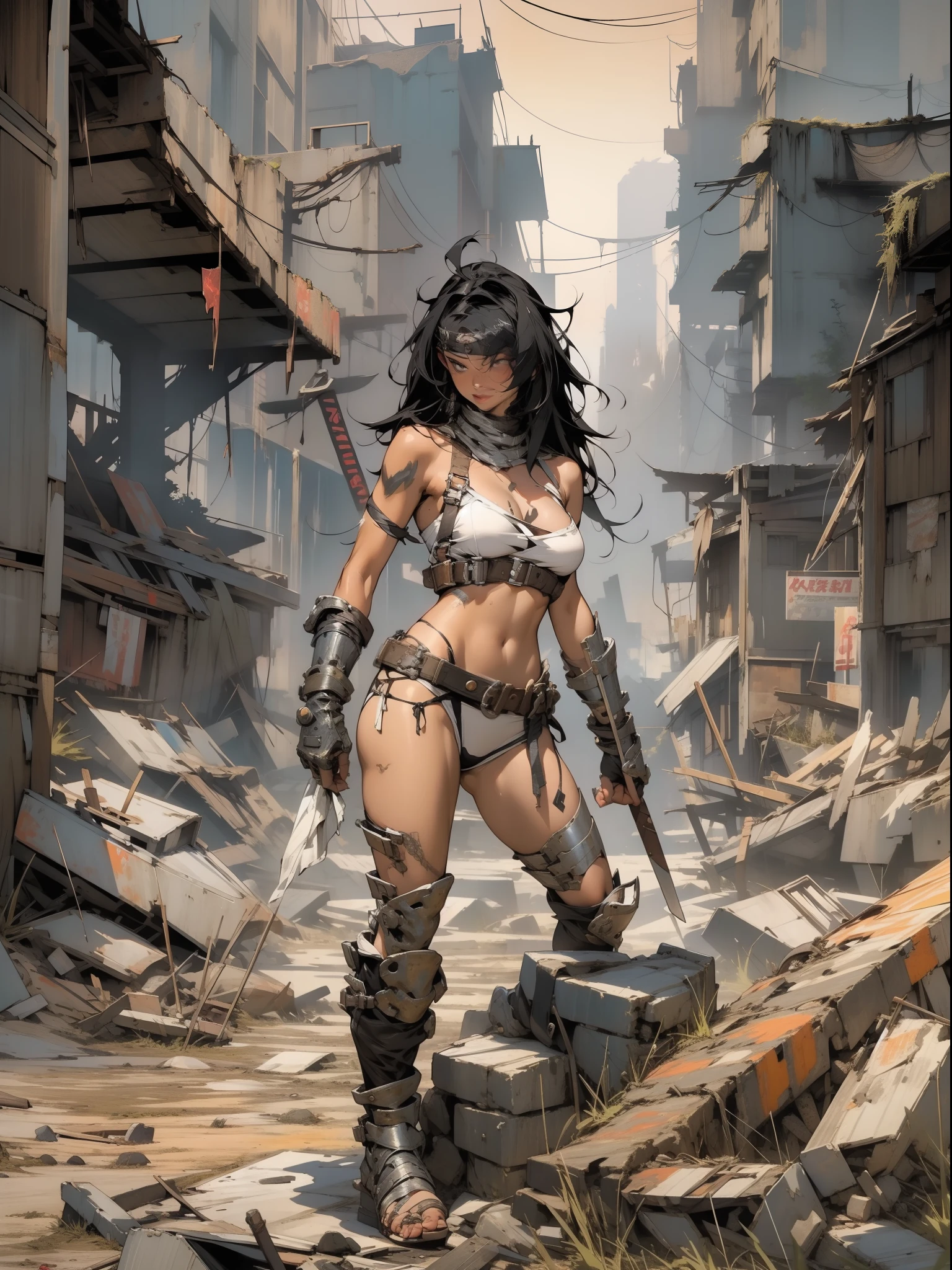nijistyle, (((female))), (((best quality))), (((masterpiece))), (((adult))), A 35 year old barbarian queen with tiny thong in a post-apocalyptic world, hand with steel gloves and metal tips, (( under boobs )), (( Tiny thong )), quase nua, Simon Bisley style for a Brooklyn Gladiator comic book cover, sultry pose, scantily clad, nearly nude, wrecked outfit black with white vertical stripes, ( best quality), (absurdres), perfect body, sexy scene, colorful mohawk, background with a destroyed city