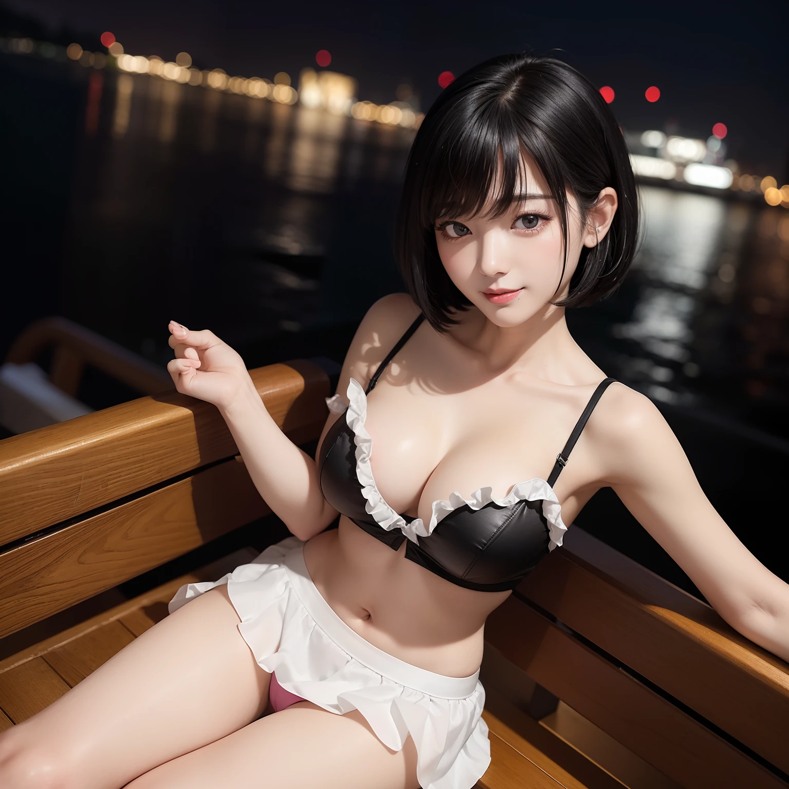 (8K、top-quality、masterpiece:1.2)、(reallistic、Photorealsitic:1.2)、Large fireworks set off in the night sky、Sit on the boat and watch the fireworks display, ((pantyshot)),a woman in a white shirt, (Black ruffled miniskirt)、Spread your legs、(Sexy white shirt with open breasts and cleavage visible)、(You can see cute pink panties)、(((Black hair short bob)))、Detailed soft skin quality、 Japan girl、Naughty laughter、Frolic、Look at viewers, Kamimei、H Cup Bust、Sexy body、You can see the night view across the river
