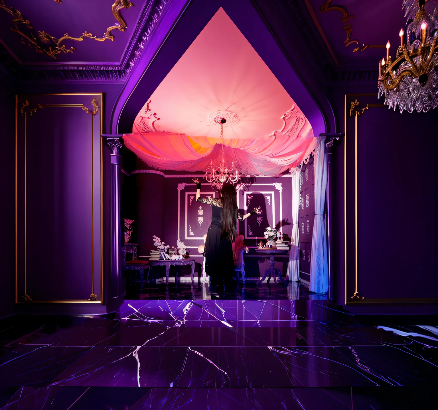 Content-based fill, Brightly lit purple room, Tiled room Marble room, Baroque painting background, high-end, high-end, Trend Vaporwave Mansion, Purple aesthetics, Luxurious Rococo Baroque style, masutepiece, high-end, A luxurious setting, wonderful masterpiece,darkened room、Ruins、Nothing shines、Room with depth