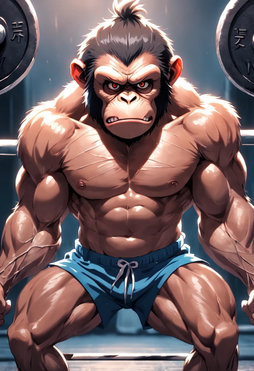 muscular monkey, barbell exercise, angry face, bodybuilder, 8k