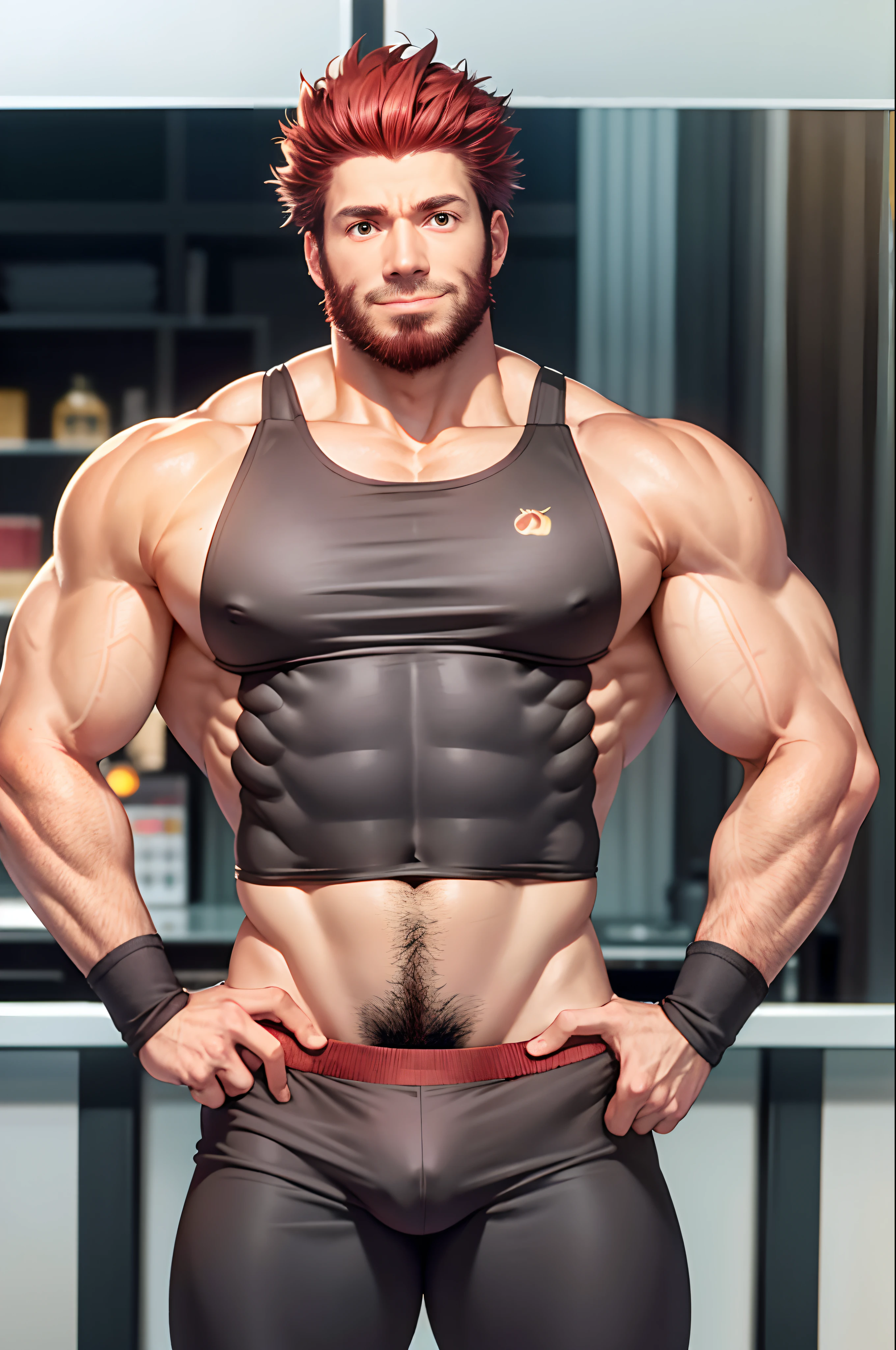 （tmasterpiece，best qualtiy：1.2），独奏，malefocus，1boy，Iskandar stood on the table，Mature male，big muscular male，dark-brown skin，pelo rojo corto，Red beard，Red body hair，There are nasolabial folds on the face，Large muscles，massive pec，Thick armpit hair is revealed under the armpits，((Crotch bulge))，The crotch of the trousers reveals a thick red，looking at viewert，both hands on hip，Shirtless，Have a bath towel on your body，Red thong，Thick thighs，Wide buttocks，Classroom Interior Background，Red body hair，Soft shadows，Soft light，low-contrast