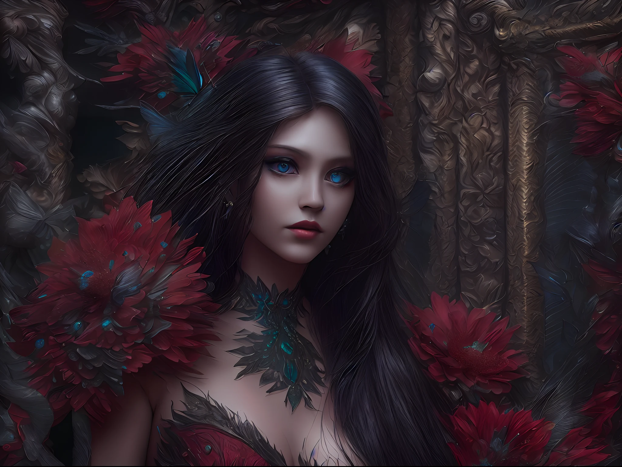 high details, best quality, 16k, RAW, [best detailed], masterpiece, best quality, (extremely detailed), full body, ultra wide shot, photorealistic, dark fantasy art, goth art, RPG art, D&D art, a picture of a dark female fairy showing flowers in a florist shop, extremely beautifil fairy, ultra feminine (intense details, Masterpiece, best quality), best detailed face (intense details, Masterpiece, best quality), having wide butterfly wings, spread buterfly wings (intense details, Masterpiece, best quality), dark colors wings (intense details, Masterpiece, best quality), black hair, long hair, shinning hair, flowing hair, shy smile, innocent smile, blue eyes, dark red lips, wearing red dress, dark dynamic elegant dress, chocker, wearing high heels, in flower shop (intense details, Masterpiece, best quality), extreme many flowers (intense details, Masterpiece, best quality), dark colorful flowers (intense details, Masterpiece, best quality), flower shop in a dark goth era street, model715,  High Detail, Ultra High Quality, High Resolution, 16K Resolution, Ultra HD Pictures, 3D rendering Ultra Realistic, Clear Details, Realistic Detail, Ultra High Definition