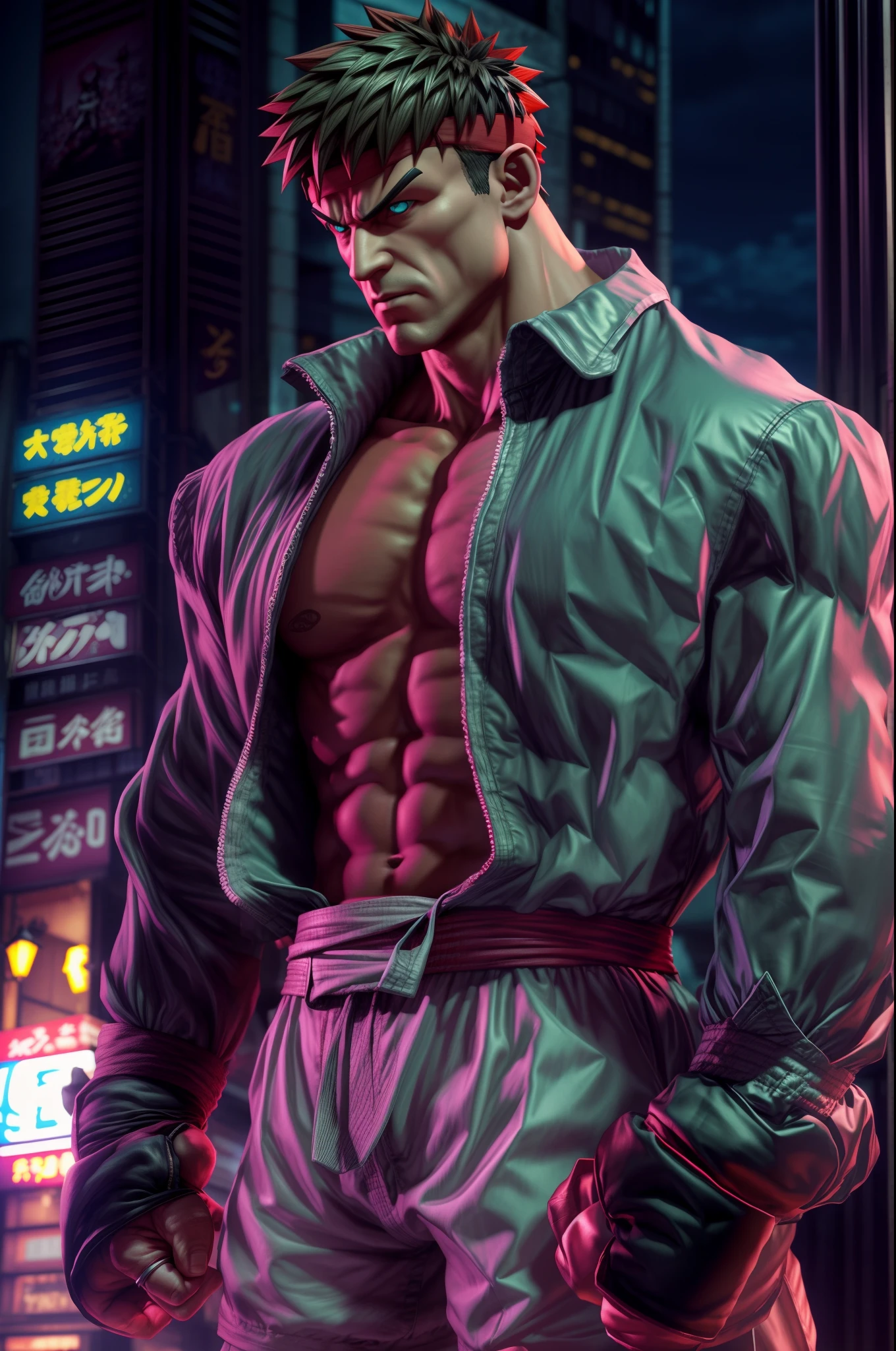Kage from (street fighter) video game, standing downtown Tokyo at night in a fighter pose, realism, crystal clear, micro-details, photorealism, photorealistic, cinematic light