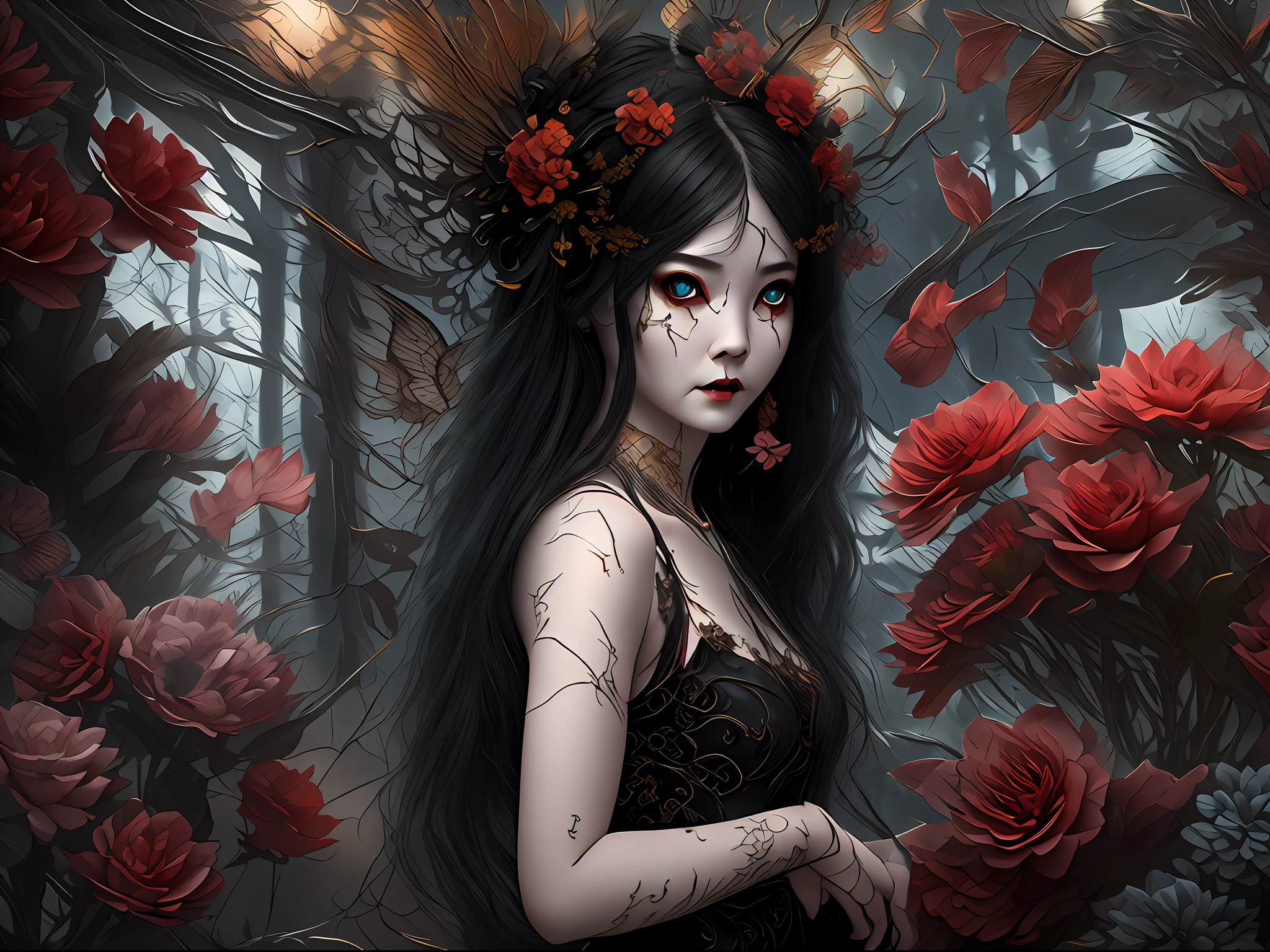 high details, best quality, 16k, RAW, [best detailed], masterpiece, best quality, (extremely detailed), full body, ultra wide shot, photorealistic, dark fantasy art, goth art, RPG art, D&D art, a picture of a dark female fairy showing flowers in a florist shop, extremely beautifil fairy, ultra feminine (intense details, Masterpiece, best quality), best detailed face (intense details, Masterpiece, best quality), having wide butterfly wings, spread buterfly wings (intense details, Masterpiece, best quality), dark colors wings (intense details, Masterpiece, best quality), black hair, long hair, shinning hair, flowing hair, shy smile, innocent smile, blue eyes, dark red lips, wearing red skirt, dynamic elegant shirt, chocker, wearing high heels, in flower shop (intense details, Masterpiece, best quality), [extreme many flowers] (intense details, Masterpiece, best quality), dark colorful flowers (intense details, Masterpiece, best quality), flower shop in a dark goth era street, model715,  High Detail, Ultra High Quality, High Resolution, 16K Resolution, Ultra HD Pictures, 3D rendering Ultra Realistic, Clear Details, Realistic Detail, Ultra High Definition