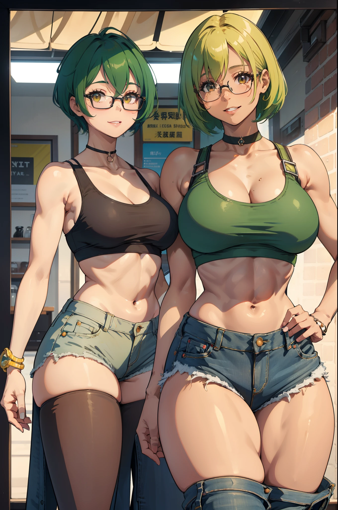 serena, honey-green hair, short hair, cropped white-colored tank top,bright smile, blushing, large breasts, adult body proportions, athletic body, well toned midriff, dark skin,short jean,big Glasses