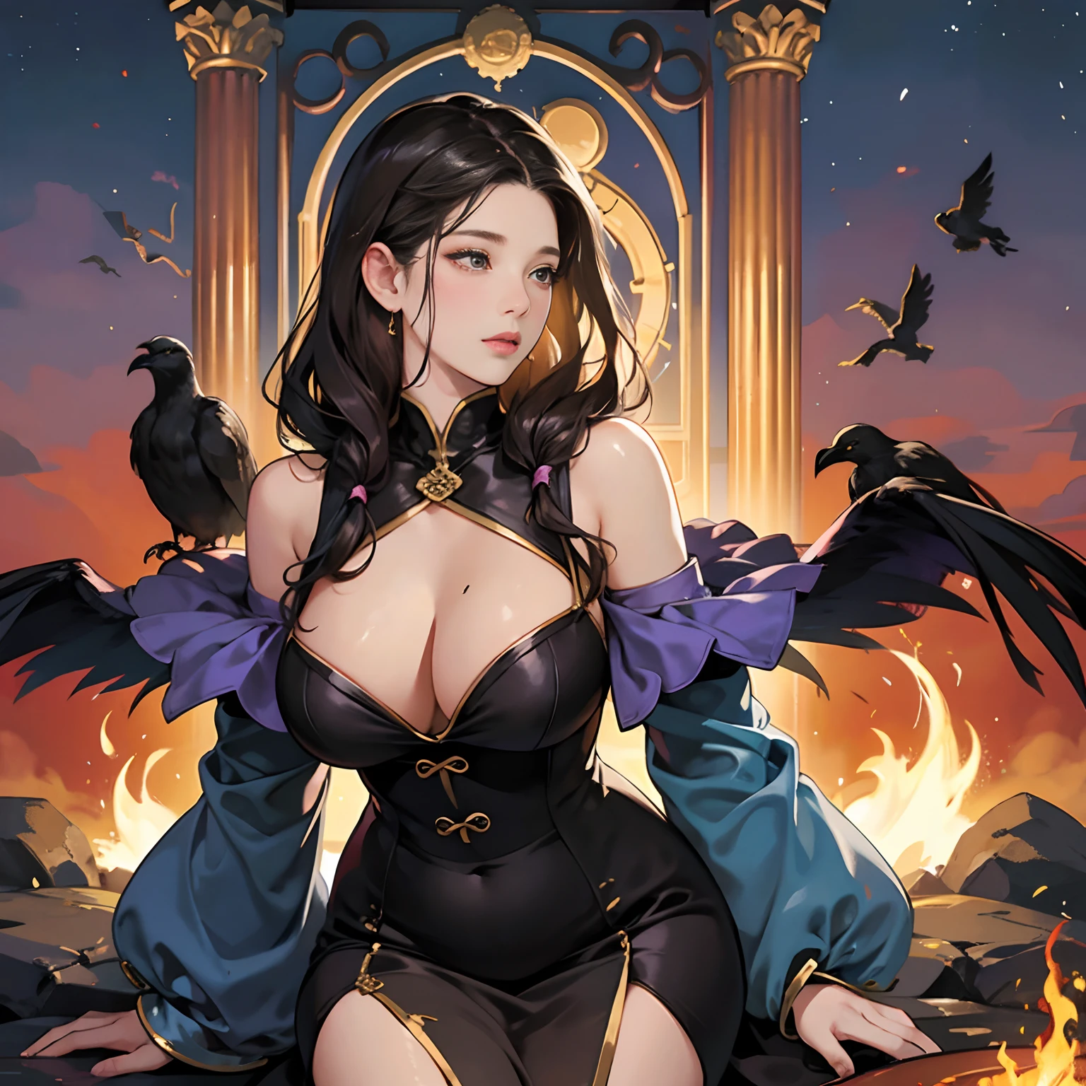 Women in Their 20s, Fantasia、offcial art, unity 8k wall paper, ultra-detailliert, beautifly、Aesthetic, masterpiece, top-quality, Photorealsitic、Woman in chains、Braids、Staring at this:2.0、Curse ritual、Dark Magic、Stone pedestal、Blood、crows、magic circles、abajour、bonfire、depth of fields, Fantastic atmosphere, Calm palette, tranquil mood, Soft shading、bbw、very large breast、plump figure、
