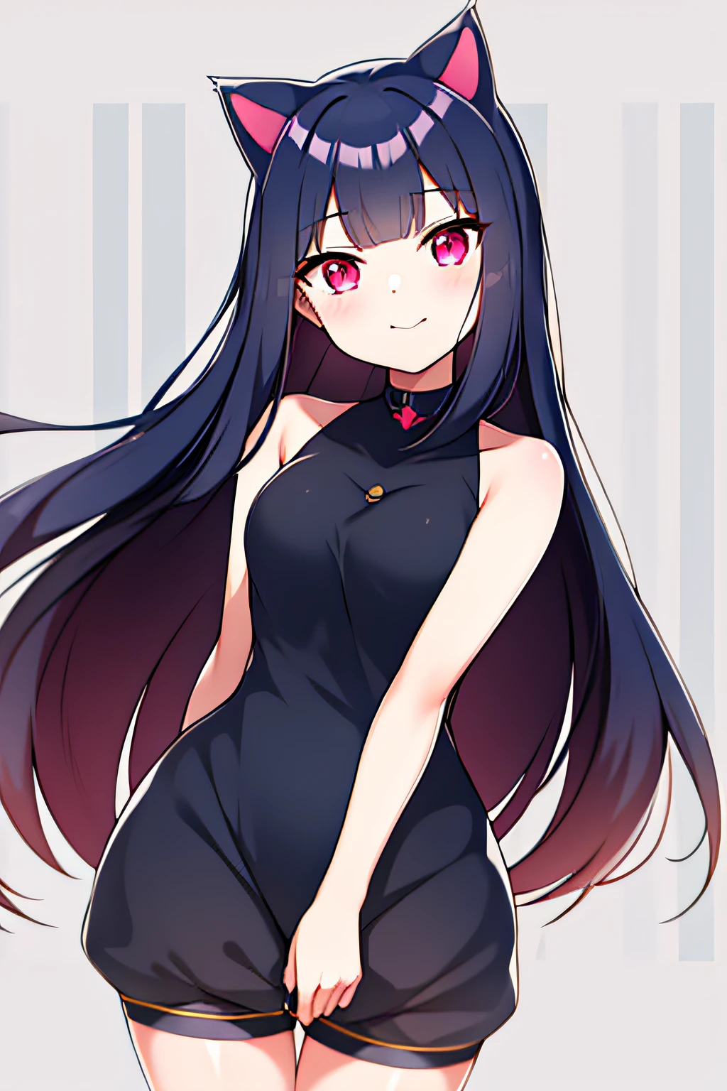 Dark navy blue hair, long straight hair, cat ears, purplish red eyes, slanted eyes, cute, high quality