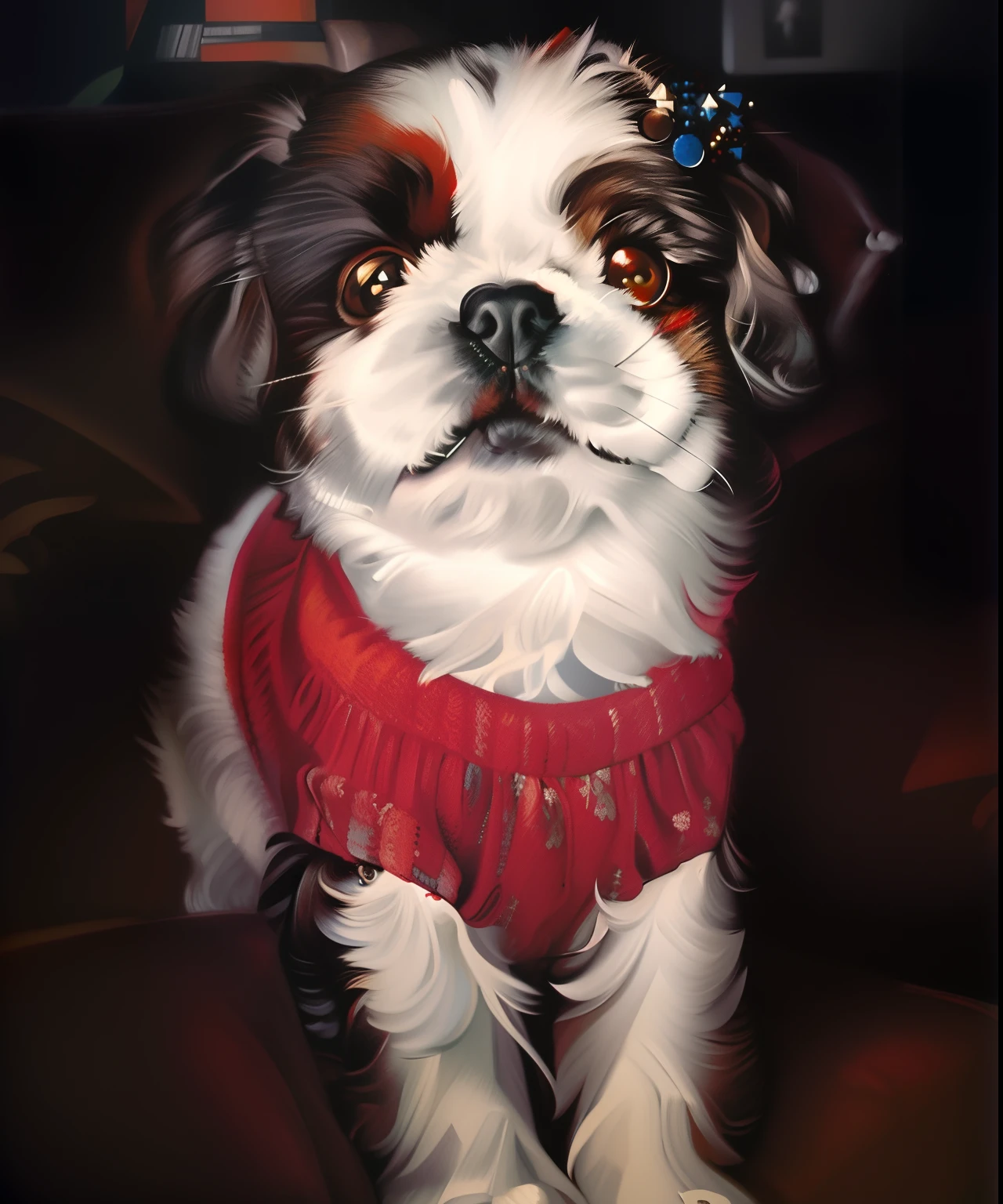 "Reimagined Norman Rockwell style: A playful Shih Tzu with a mischievous expression, wearing a vibrant red sweater, sitting comfortably on a vintage couch."