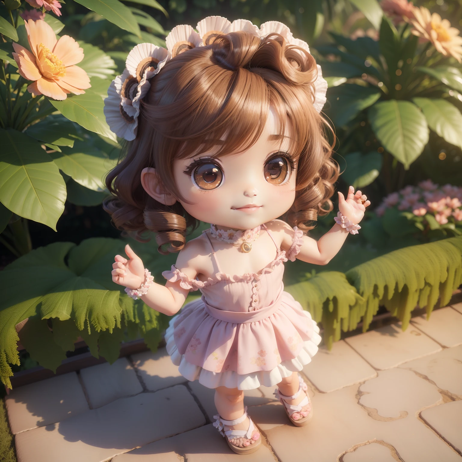 (((Chibi 3D))) (Best Quality) (Master Price) Cute Chibi Anime,Curly Sauvage Hairstyles with Brown Hair,A smile,With a camisole with lots of frills(Floral pleated skirt:1.2),Knitted sandals,The background is the Royal Botanic Gardens, On both hands 🩷
