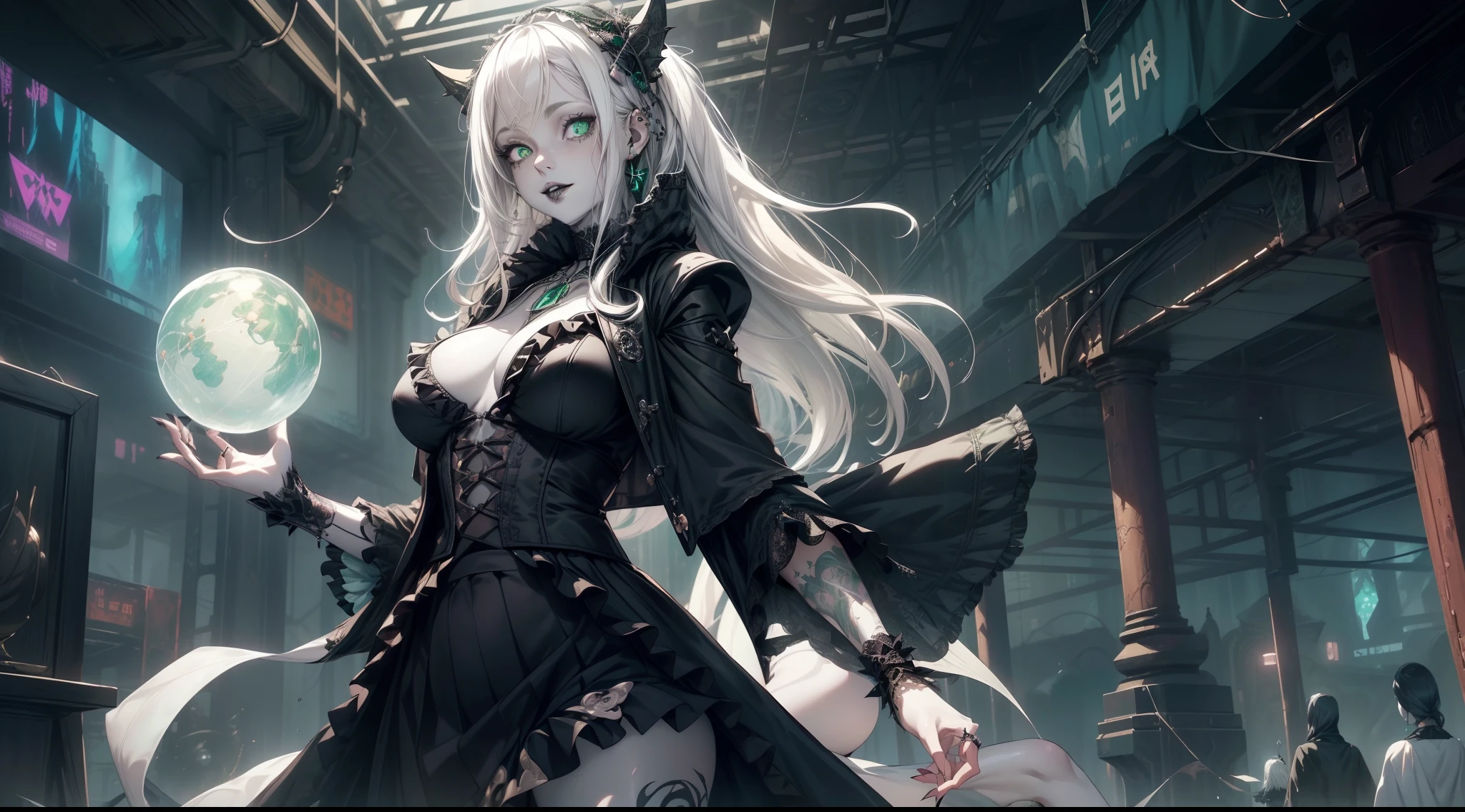 (necromance:1.2) girl, 1girl, perfect and well designed shiny eyes, (beautiful detailed (emerald:1.3) marsh eyes:1.05), natural breasts, slim body, beautiful and delicate face, (face detail), ((realistic face)), pores, ((pale skin)), detailed skin, realistic skin, medium length hair, hair voluminous, super high resolution, 8k, parameters Best quality, (masterpiece:1.4), (magic accessories:1.4), bracelets, necklaces, dark extremely detailed thick tight ((lacy silk clothing:1.3), (lacy wrap dress:1.2), (lycra kimono:0.8),(wild goth skirt:1.5)), (shabby ruffles coat:1.6), (embroidery and lace:1.3), (jewelry ornaments:1.6), hair ornament, (cloth:1.3), (neckline:1.3), (cleavage), decolette, navel, Young Girl, Little Beast, (crazy:0.7) Smile, (Pale Skin:2.0), (19 Piercings:1.6), ((tattoos all over body, Tribal tattoos all over legs)), surrounded by darkness, (Darkness:1.2), Dark Fantasy, ultra detailed, photorealistic, ((Real image)), (best quality:1.4), super high resolution, (Realistic 2.0), More details, (full body portrait), (((1girl))), (witchcraft:1.5), magic energy flows and sparkles, (futurism:1.3), fantasy, (cyberpunk:1.4), (magic technologies:1.3), (beautiful and aesthetic:1.2), (fractal art:1.4), (cinematic light:1.1), DUTCH ANGLE, 16K, HDR, RTX, Ray Tracing, Radiosity, Anisotropic Filtering, Subsurface Scattering, (((magic lights))), metallic reflections, Detailed, Realistic, 4k highly detailed digital art, (cool_color), extremely detailed CG unity 8k wallpaper, vibrant colors, (((seductive pose)))