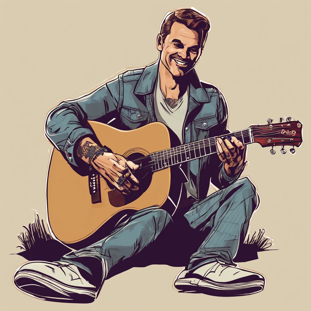 country music singer sitting playing guitar with transparent background, imagem estilo cartoon, estilo gta V, personagens do gta V