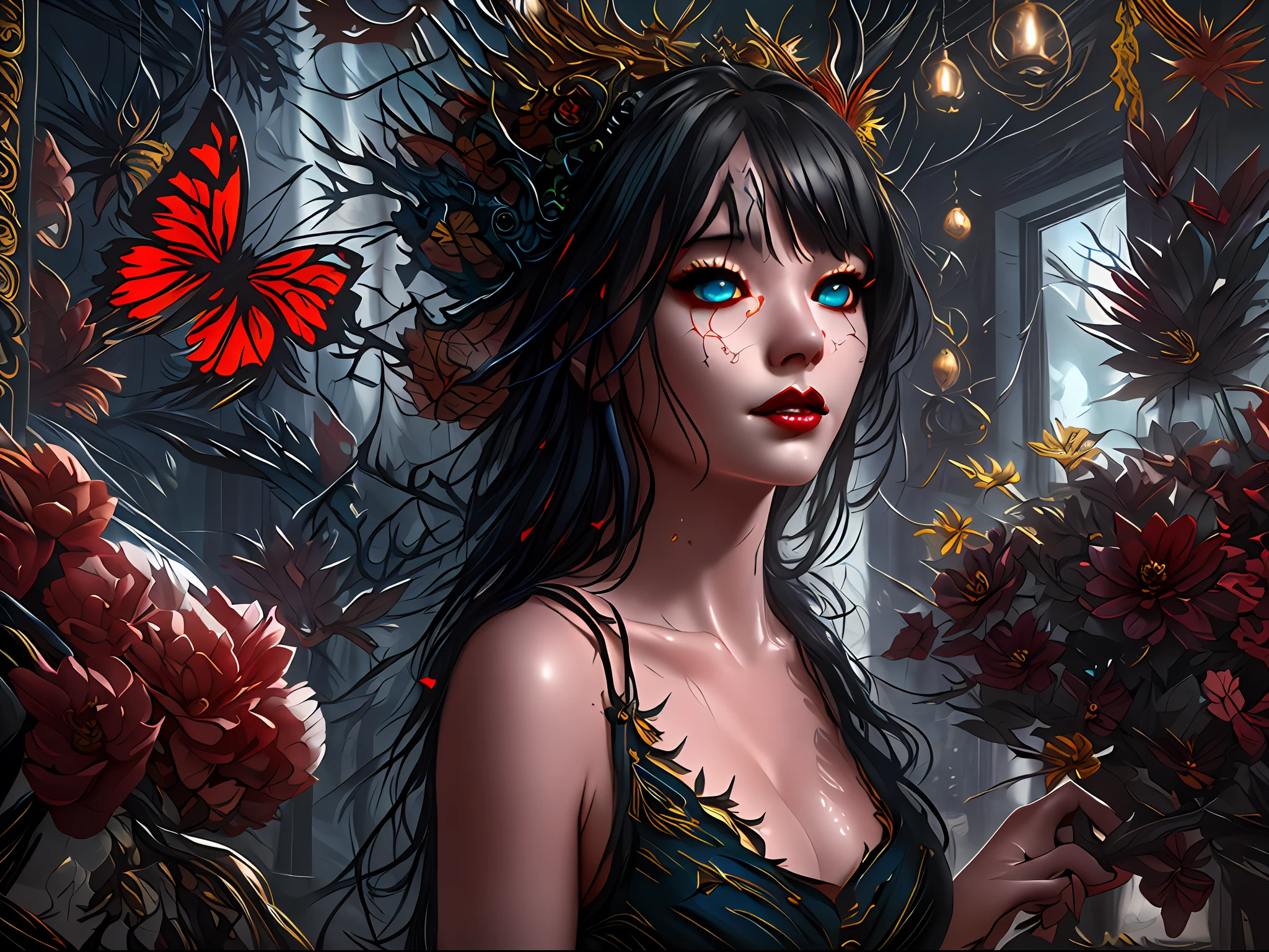 high details, best quality, 16k, RAW, [best detailed], masterpiece, best quality, (extremely detailed), full body, ultra wide shot, photorealistic, dark fantasy art, goth art, RPG art, D&D art, a picture of a dark female fairy showing flowers in a florist shop, extremely beautifil fairy, ultra feminine (intense details, Masterpiece, best quality), best detailed face (intense details, Masterpiece, best quality), having wide butterfly wings, spread buterfly wings (intense details, Masterpiece, best quality), dark colors wings (intense details, Masterpiece, best quality), black hair, long hair, shinning hair, flowing hair, shy smile, innocent smile, blue eyes, dark red lips, wearing red skirt, dynamic elegant shirt, chocker, wearing high heels, in flower shop (intense details, Masterpiece, best quality), extreme many flowers (intense details, Masterpiece, best quality), dark colorful flowers (intense details, Masterpiece, best quality), flower shop in a dark goth era street, model715,  High Detail, Ultra High Quality, High Resolution, 16K Resolution, Ultra HD Pictures, 3D rendering Ultra Realistic, Clear Details, Realistic Detail, Ultra High Definition