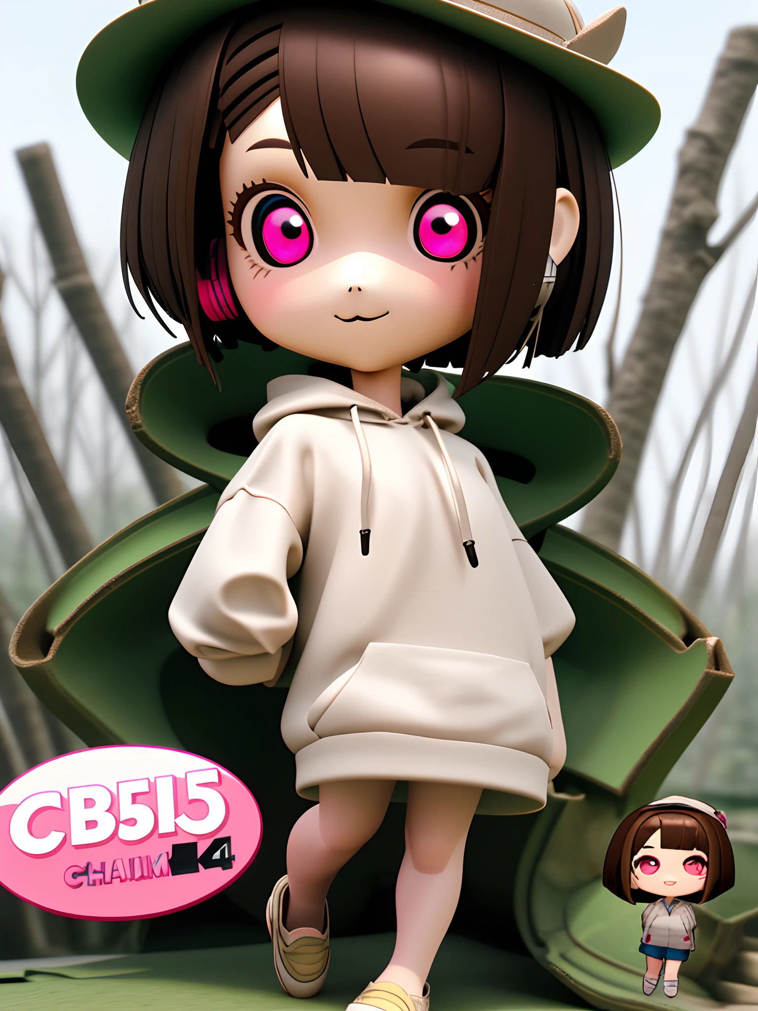 PopMart Blindbox IP、Super cute girl in a hat、Brown hair bob cut、White hoodie、Pink eyes、in woods、head phone、Technical elements、espadrilles、Streamlined 3D / C4D production:8K HD quality/illuminating/Ultra-fine lens description 1.5、flawless、Chibi Background/Cinematic sensation。