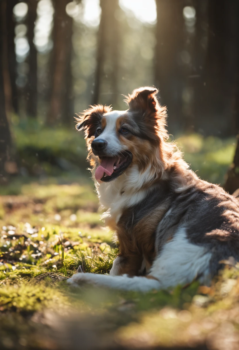 Foto em close-up de um filhote de cachorro sentado muito bonito na floresta,volumetric soft light,(The light from the back window is backlighted:1.3),(Cinematic Ligh:1.2),Detalhes complicados,(art-station:1.3),Rutkowski tamanho de 1920 x 1080 px