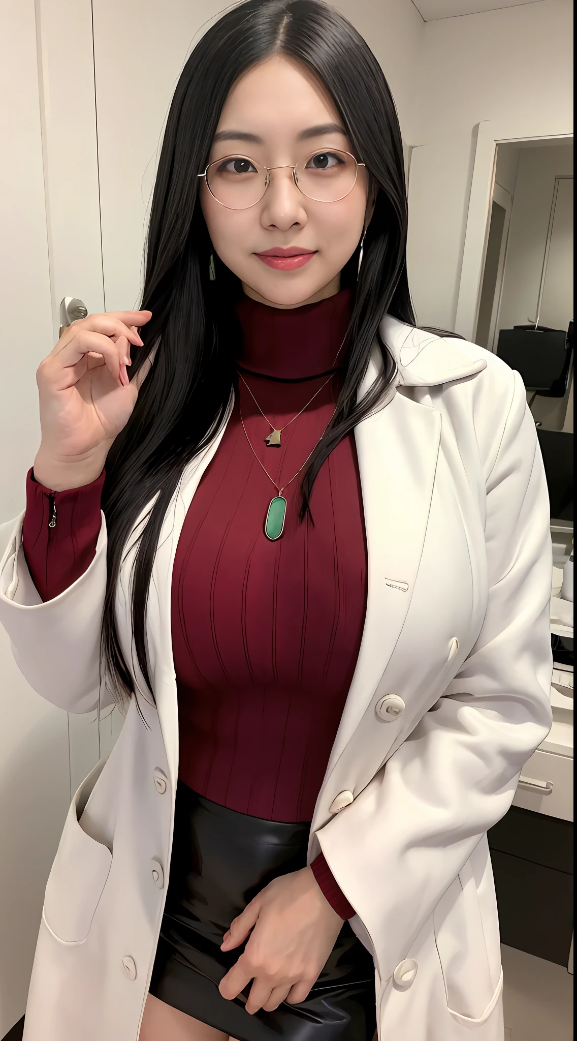 masterpiece, best quality, minazukikyouko, black hair, glasses, necklace, earrings, red sweater, turtleneck, labcoat, black miniskirt, largest breasts, upper body, looking at viewer, doctor's office, smile, mischievous