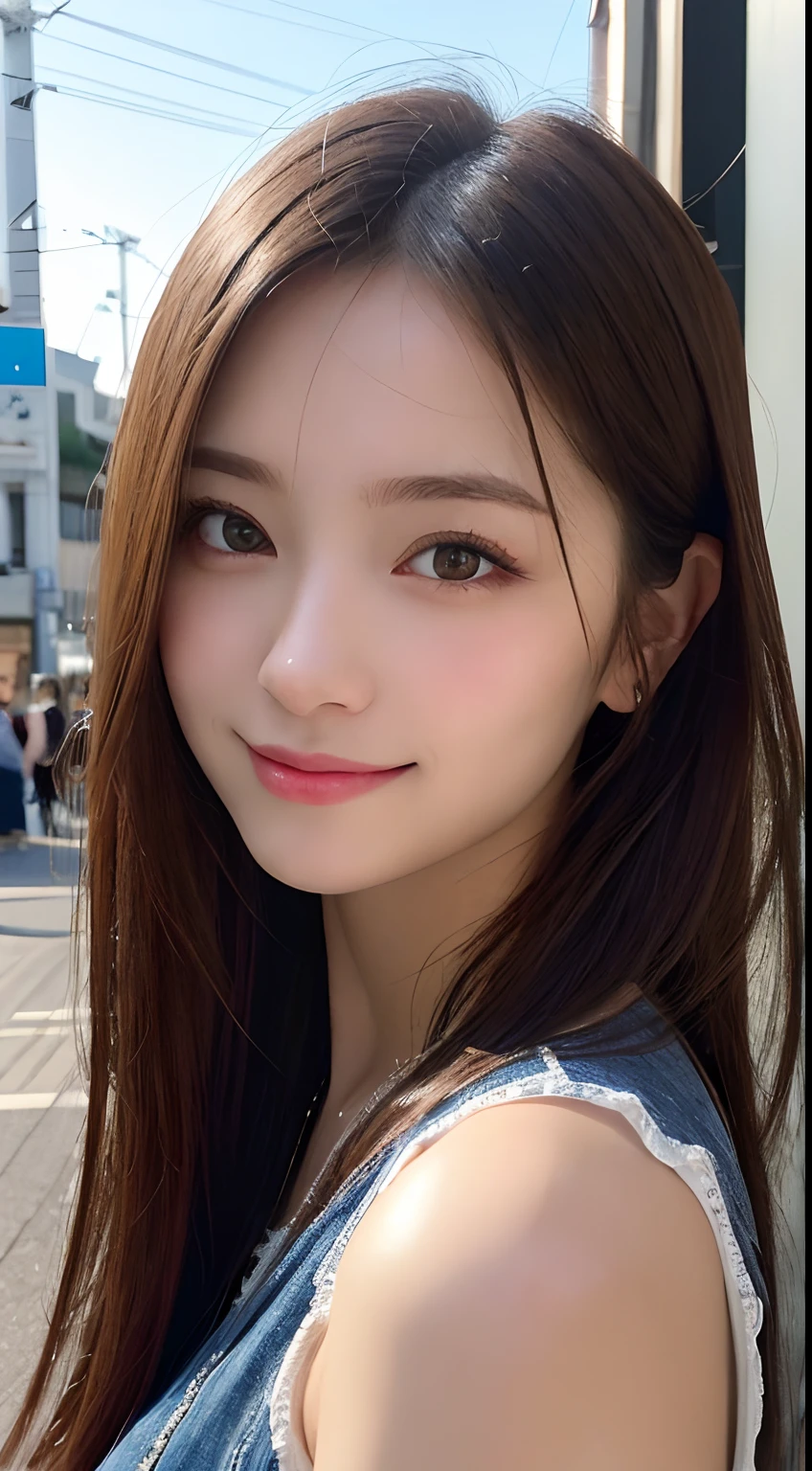 masutepiece, Best Quality, Illustration, Ultra-detailed, finely detail, hight resolution, 8K Wallpaper, Perfect dynamic composition, Beautiful detailed eyes, Women's Fashion Summer,Medium Hair,small tits,Natural Color Lip, Bold sexy poses,Smile,Minato-ku, tokyo prefecture、20 years girl、Cute、Sexy shot looking at camera
