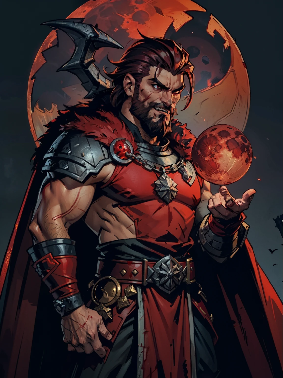Blood moon background, Darkest Dungeon style, casting fire. Sadurang from Marvel, hunk, buffed physics, short mane hair, mullet, defined face, detailed eyes, short beard, glowing red eyes, dark hair, wily smile, badass, dangerous. Wearing full red armor with dragon scales, cape of furs.
