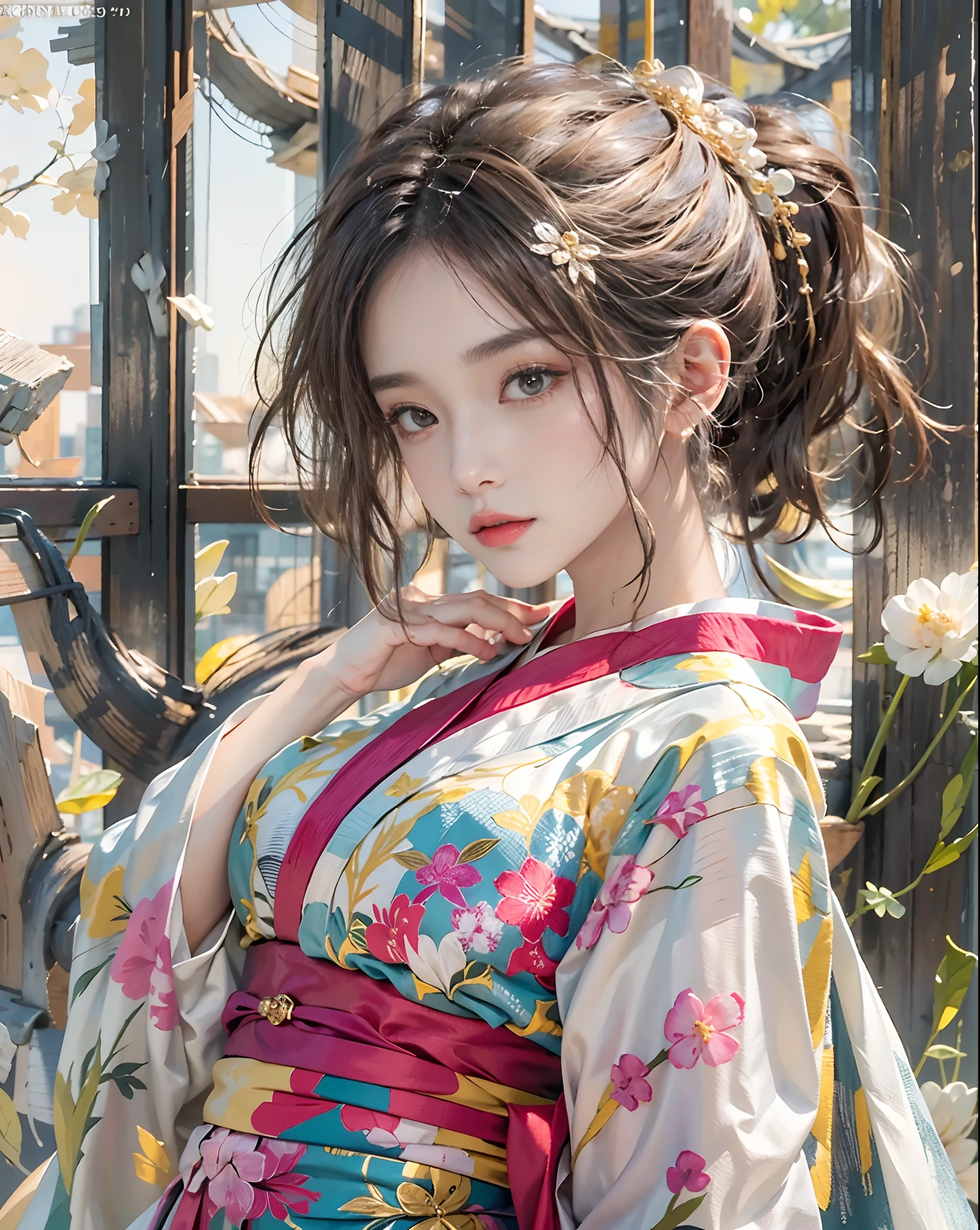 Official art、PerfectNwsjMajic,(masterpiece、top-quality、top-quality、Official art、Beautifully Aesthetic:1.2)、(1girl in)、ighly detailed、colourfull、highestdetailed、Official art、Unity 8k壁纸、ultra-detailliert、Beautifully Aesthetic、Beautiful face in detail、masterpiece、top-quality、Holy Light、pure、There are also resilient messages, Overcoming and hope. Breasts are small and B size、A slender、The chest is open、Eyes are double(A detailed eye), Beautifully detailed、Hair is fashionably tied back、Gradient hair color、high-heels、Gold Anklet、Beautiful girl in kimono、Kimono、