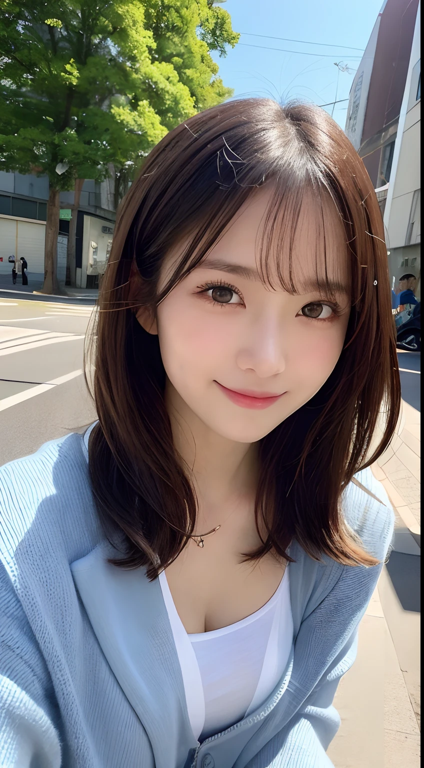 masterpiece, best quality, illustration, ultra-detailed, finely detailed, high resolution, 8K wallpaper, perfect dynamic composition, beautiful detailed eyes, summer blouse setup clothes, medium hair, small breasts, natural color lips, bold sexy poses, smile, Harajuku, 18 years old girl, cute, sexy shot, looking at camera