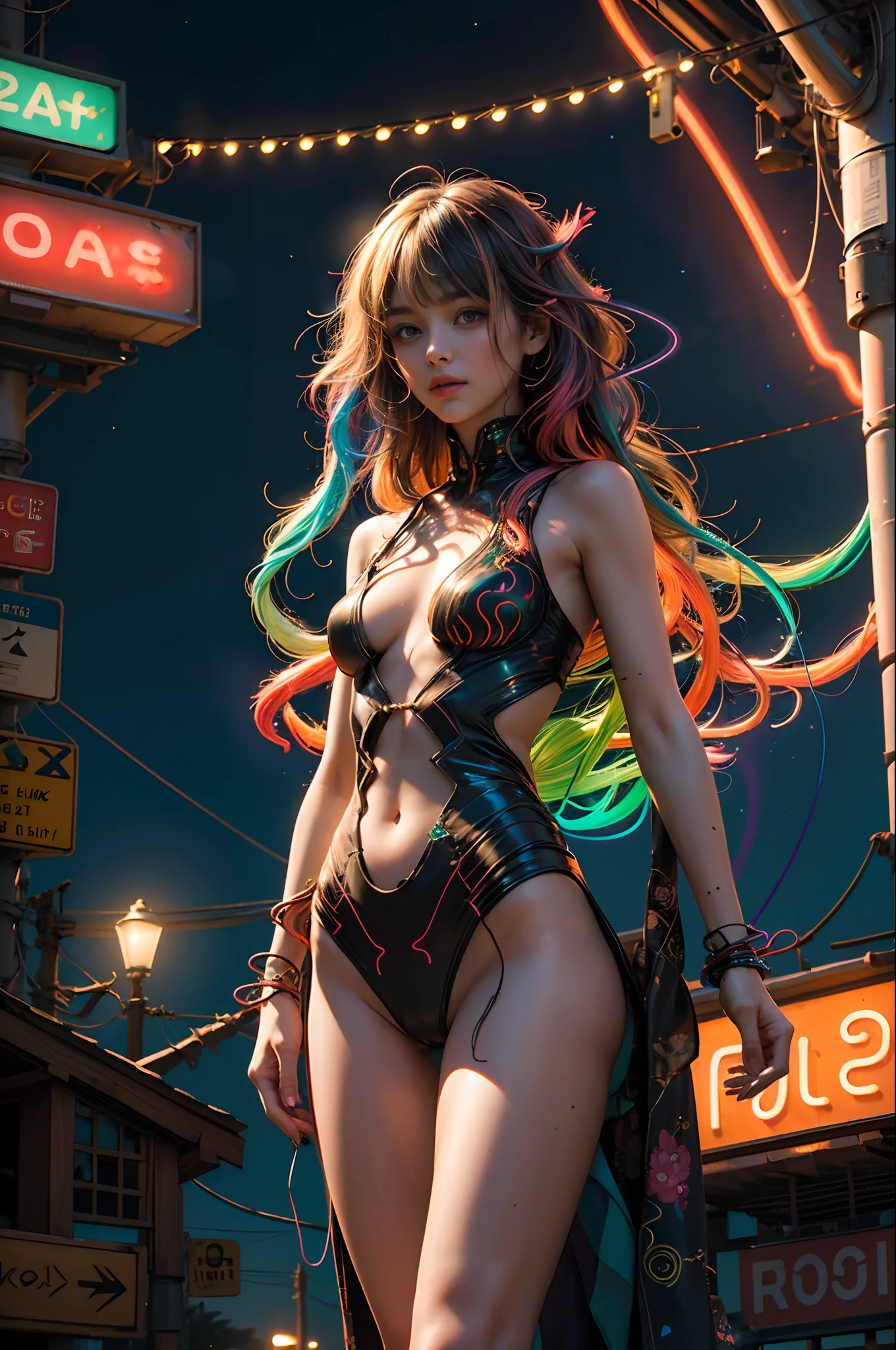 (medium shot) (womans hair is made from thin multicolored neon tendrils:1.7) (long thin multicolored neon string hair is flowing down her body), her hair made of thin multicolored neon tendrils is conforming to and covering her body forming a dress, (neon fibers:1.05), ((cables of neon strings)), scenery is cables and tech, intricate and detailed tech gear chaos, beautiful detailed glow, tentacles of thin multicolored neon strings writhing around, chaos of cables around, neon tendrils flowing, (cables and multicolored neon strings swirling around the character:1.1), (detailed:1.05), (ultra-detailed:1.1), (detailed light:1.05)