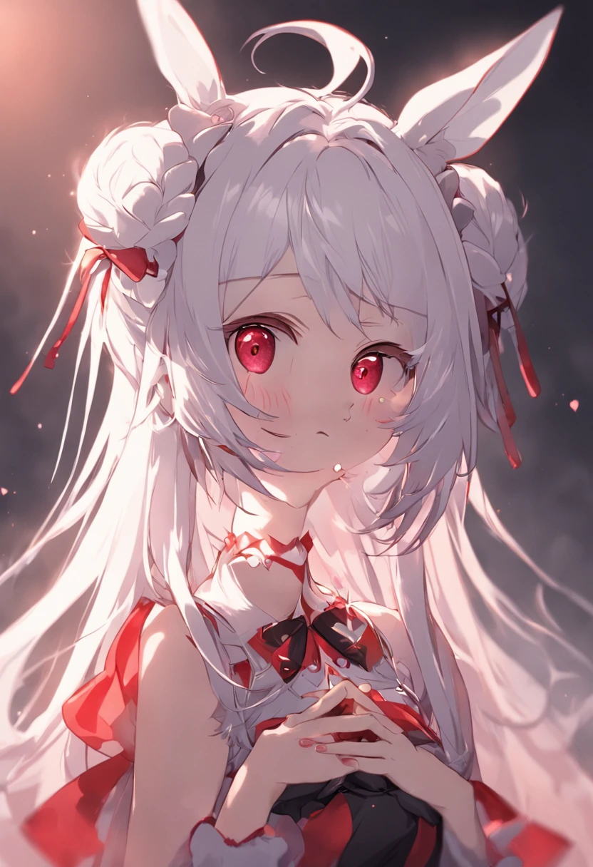 White hair, ahoge, Long hair, Braided bangs, maid headdress, hair bobbles, Red eyes, long eyelasher, Heart-shaped eyes, Rabbit ears, kemonomimi mode, Evil smile, Anime style, hyper HD, retinas, Masterpiece, ccurate, Anatomically correct, Textured skin, Super detail, High details, High quality, Award-Awarded, Best quality, A high resolution, 16k,Rabbit ears drooping down on both sides