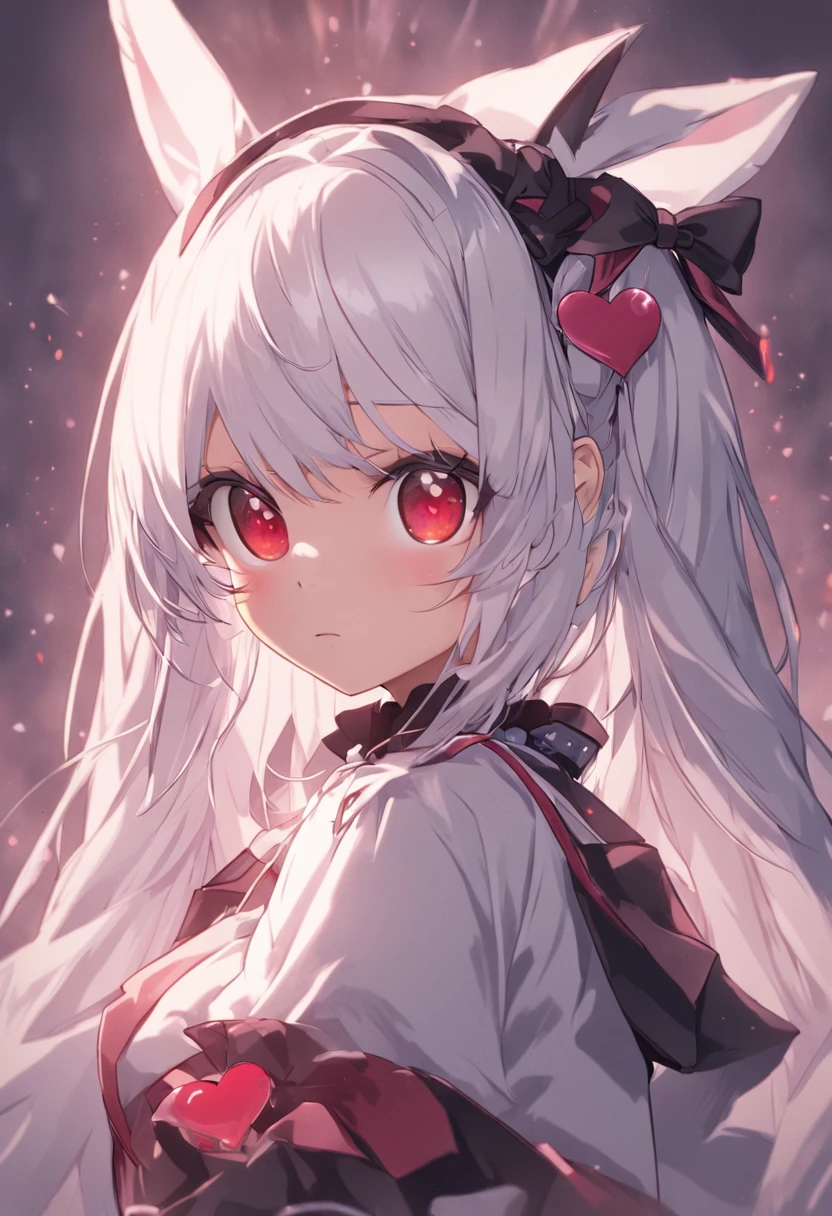White hair, ahoge, Long hair, Braided bangs, maid headdress, hair bobbles, Red eyes, long eyelasher, Heart-shaped eyes, Rabbit ears, kemonomimi mode, Evil smile, Anime style, hyper HD, retinas, Masterpiece, ccurate, Anatomically correct, Textured skin, Super detail, High details, High quality, Award-Awarded, Best quality, A high resolution, 16k，Rabbit ears drooping down on both sides