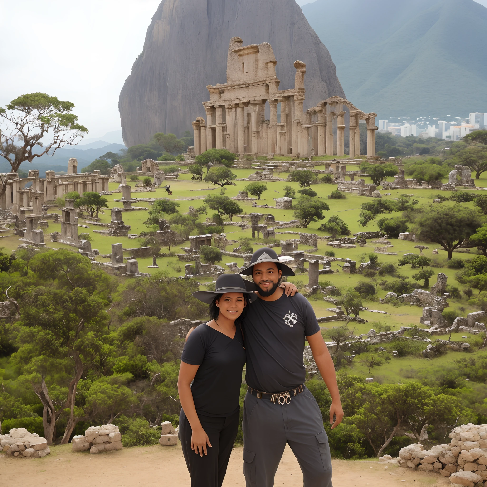 High quality spectacular photo masterpiece There are two people in front of a mountain with a skull-shaped rock in the background, com montanhas ao fundo, montanha caveira ao fundo, com montanhas no fundo, Ruins in the background, com montanhas como pano de fundo, Montanhas ao fundo, Epic mountains in the background, Ancient ruins in the background, Selvas ao fundo, templo no fundo