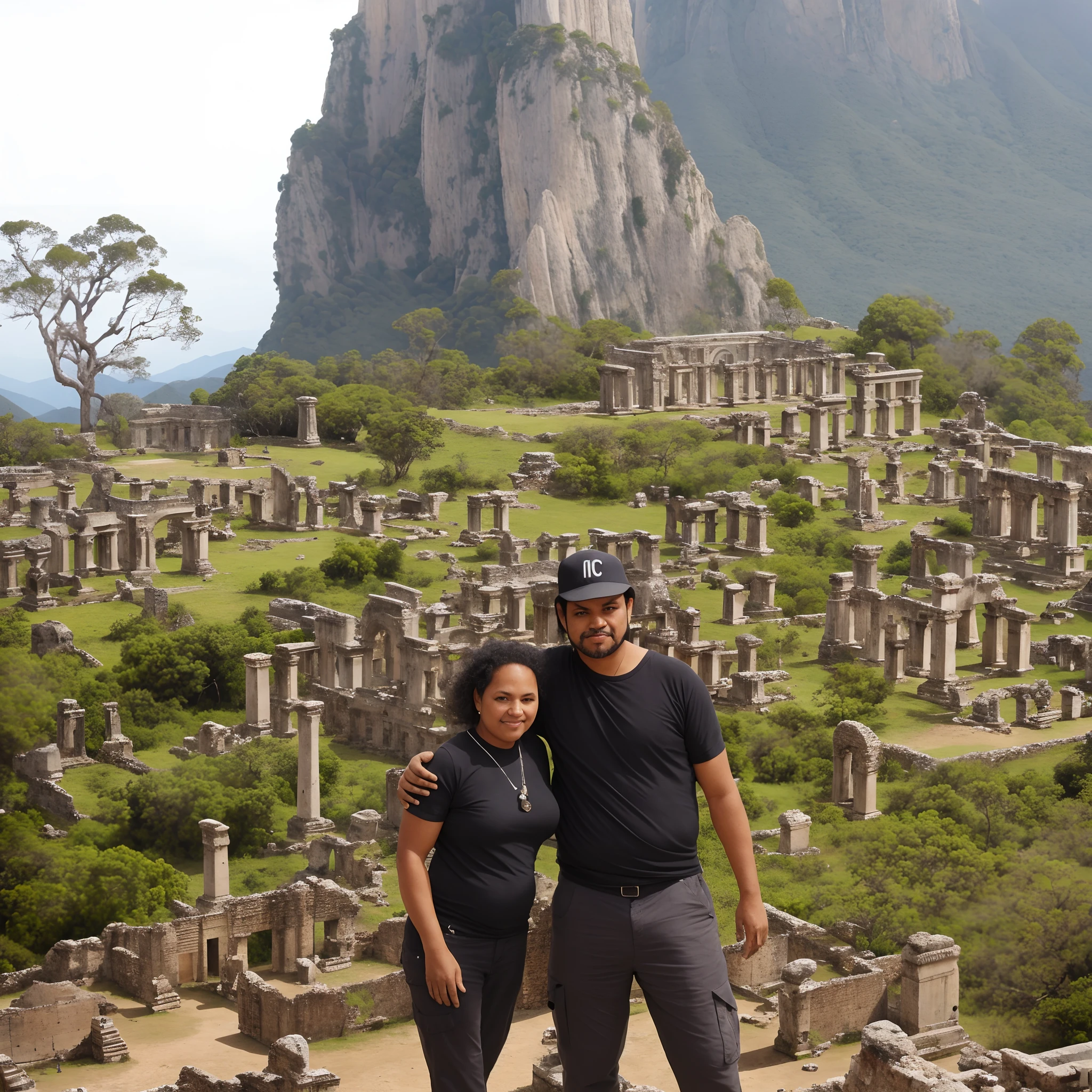 High quality spectacular photo masterpiece There are two people in front of a mountain with a skull-shaped rock in the background, com montanhas ao fundo, montanha caveira ao fundo, com montanhas no fundo, Ruins in the background, com montanhas como pano de fundo, Montanhas ao fundo, Epic mountains in the background, Ancient ruins in the background, Selvas ao fundo, templo no fundo