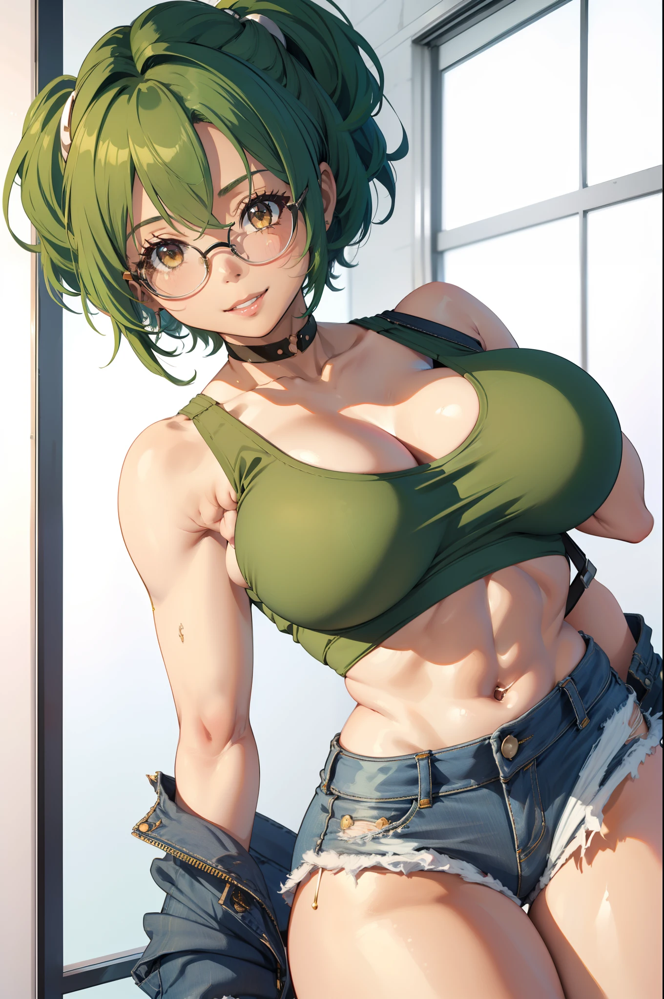 serena, honey-green hair, short hair, cropped white-colored tank top,bright smile, blushing, large breasts, adult body proportions, athletic body, well toned midriff, dark skin,short jean,big Glasses,belly piercing