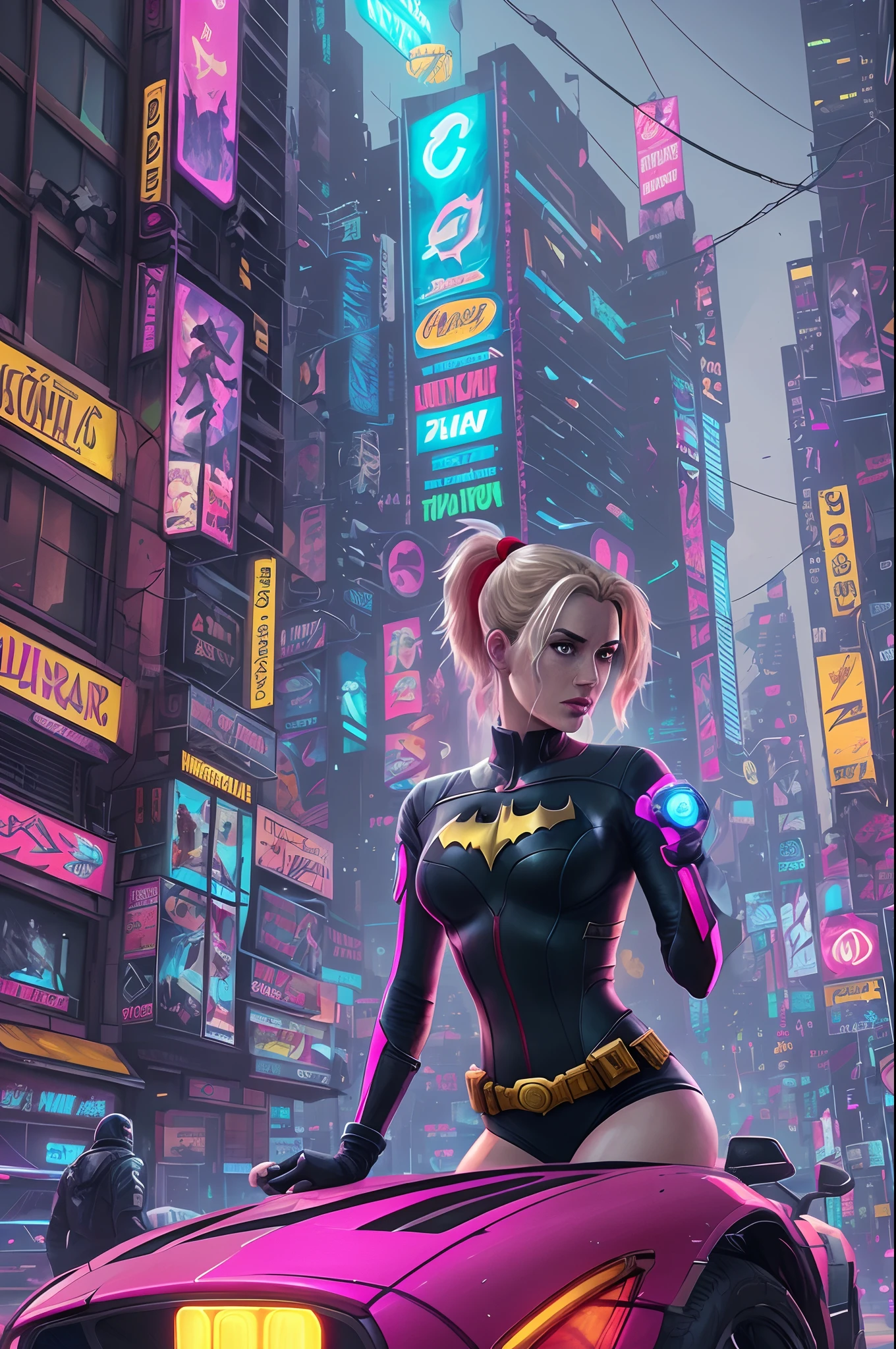 a digital painting of supergirl merging with venom, long hair, cyberpunk art by Josan Gonzalez, winner of the behance contest, afrofuturism, synthwave, neon, shiny neon, thick thighs, thin waist, sensual, nsfw, little clothing, erotic art, anime, torn battle clothes, extremely sexualized, sweaty body, NSFW, big breasts, big ass, HD, 8k, High quality, details, perfect body,  Highlight the body, detail on the perfect face, detail in the background