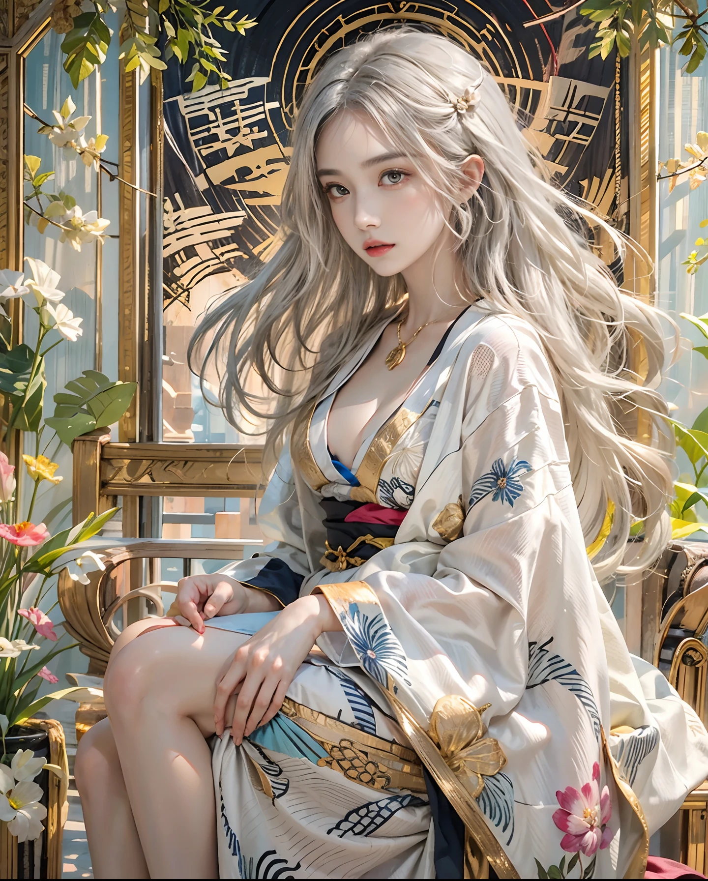 Official art、PerfectNwsjMajic,(masterpiece、top-quality、top-quality、Official art、Beautifully Aesthetic:1.2)、(1girl in)、ighly detailed、colourfull、highestdetailed、Official art、Unity 8k壁纸、ultra-detailliert、Beautifully Aesthetic、Beautiful face in detail、masterpiece、top-quality、(Zentangle、a Mandala、Tangles、Entanglement)、Holy Light、pure、There are also resilient messages, Overcoming and hope. Breasts are small and B size、A slender、The chest is open、Eyes are double(A detailed eye), Beautifully detailed、Hair that flutters in the wind、Gradient hair color、high-heels、Gold Anklet、Beautiful girl in kimono、