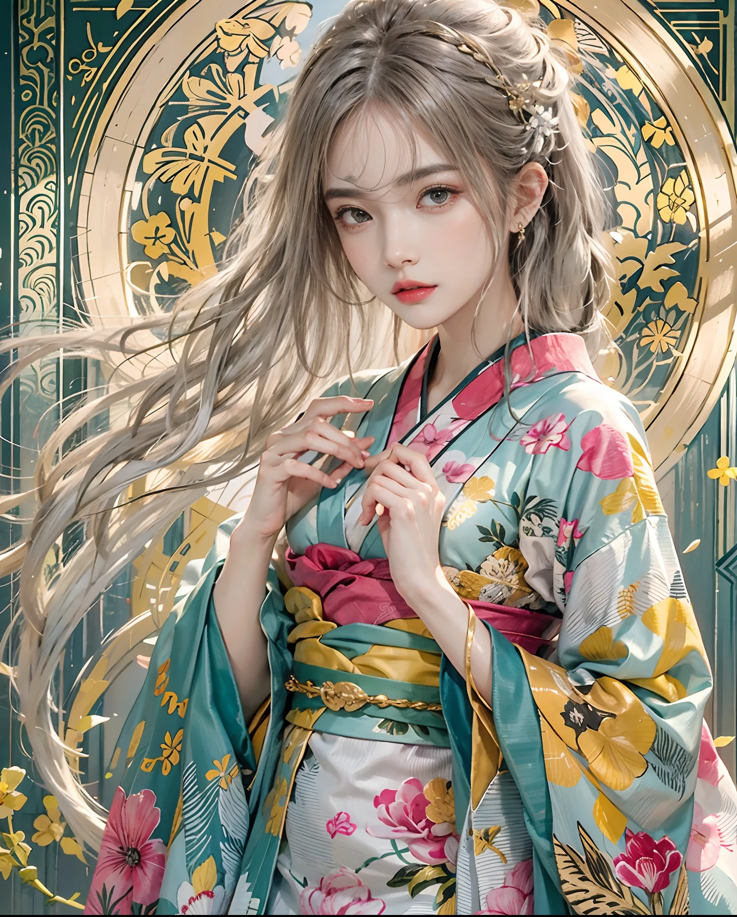 Official art、PerfectNwsjMajic,(masterpiece、top-quality、top-quality、Official art、Beautifully Aesthetic:1.2)、(1girl in)、ighly detailed、colourfull、highestdetailed、Official art、Unity 8k壁纸、ultra-detailliert、Beautifully Aesthetic、Beautiful face in detail、masterpiece、top-quality、(Zentangle、a Mandala、Tangles、Entanglement)、Holy Light、pure、There are also resilient messages, Overcoming and hope. Breasts are small and B size、A slender、The chest is open、Eyes are double(A detailed eye), Beautifully detailed、Hair that flutters in the wind、Gradient hair color、high-heels、Gold Anklet、Beautiful girl in kimono、