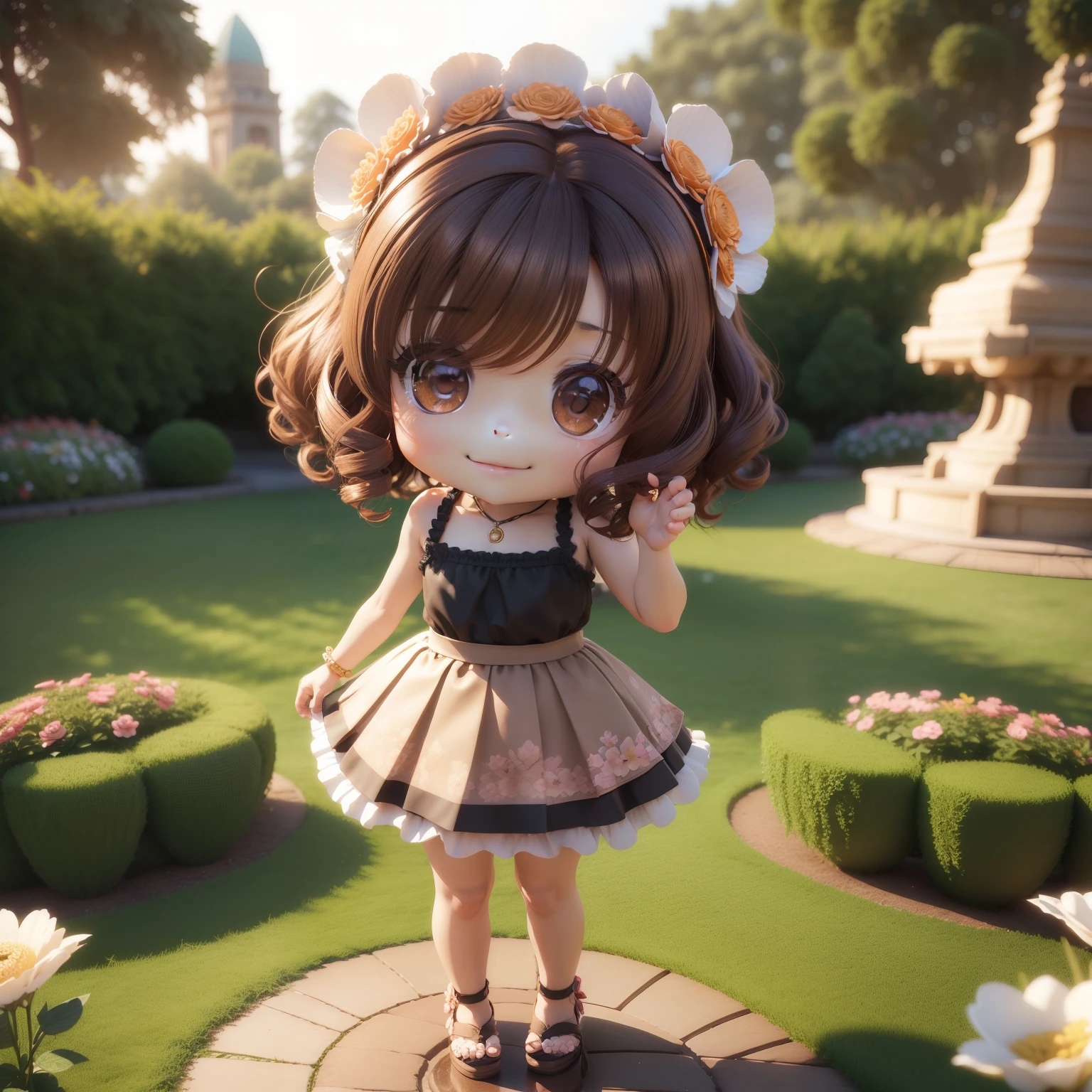 (((Chibi 3D))) (Best Quality) (Master Price) Cute Chibi Anime,Curly Sauvage Hairstyles with Brown Hair,A smile,With a camisole with plenty of frills(Floral Pleated Skirt:1.2),Knitted sandals,The background is the Royal Botanic Gardens in autumn, Heart-shaped monument in both hands
