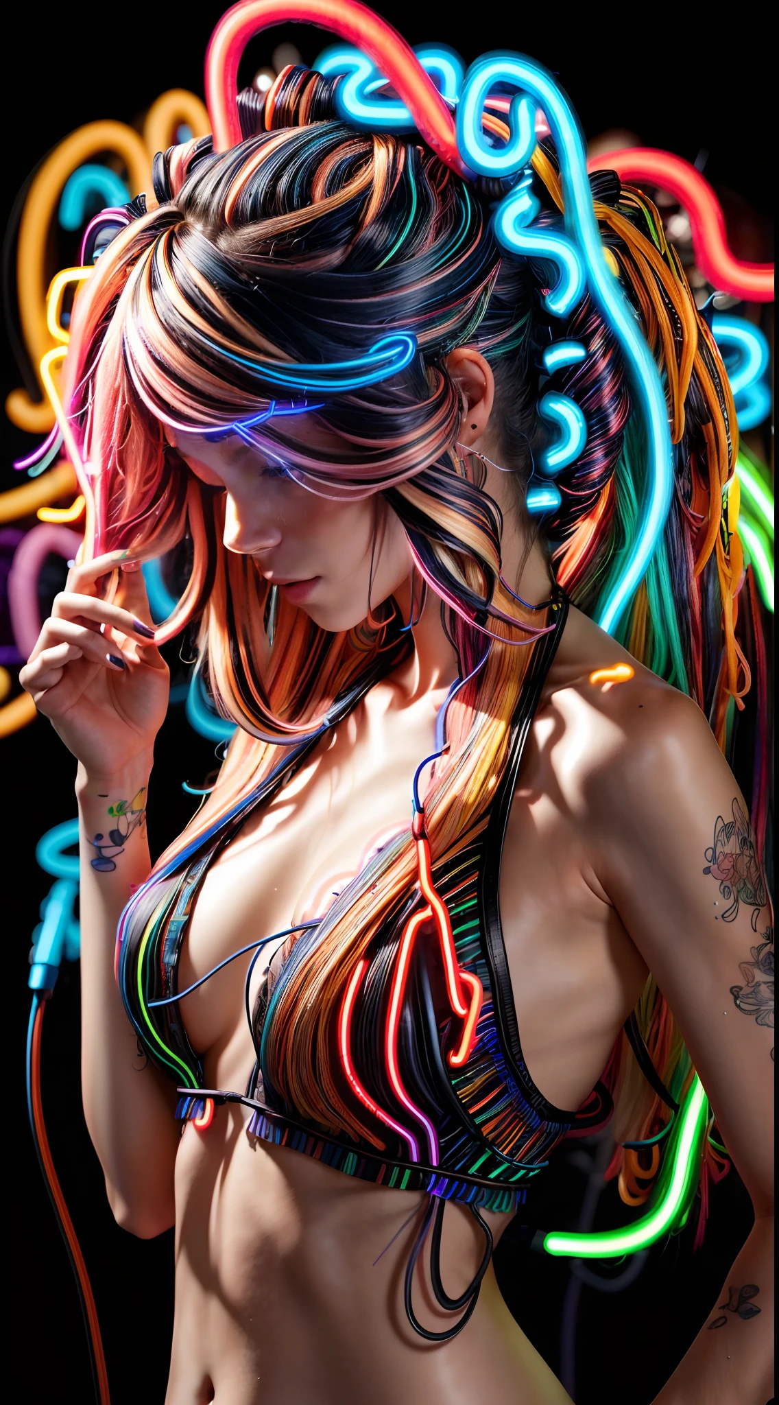 (medium shot) (womans hair is made from thin multicolored neon tendrils:1.7) (long thin multicolored neon string hair is flowing down her body), her hair made of thin multicolored neon tendrils is conforming to and covering her body forming a dress, (neon fibers:1.05), ((cables of neon strings)), scenery is cables and tech, intricate and detailed tech gear chaos, beautiful detailed glow, tentacles of thin multicolored neon strings writhing around, chaos of cables around, neon tendrils flowing, (cables and multicolored neon strings swirling around the character:1.1), (detailed:1.05), (ultra-detailed:1.1), (detailed light:1.05)