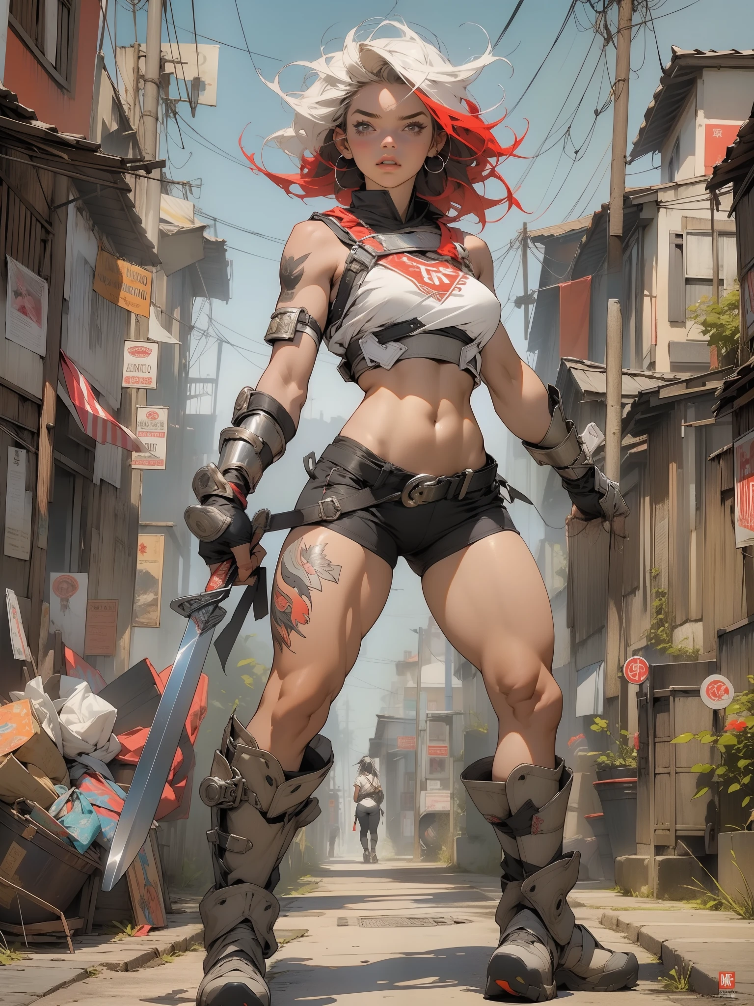 (((female))), (((best quality))), (((master part))), (((adulto))), Uma mulher guerreira de 35 anos com corpo perfeito, Gladiadores do Brooklyn, hand with steel gloves and metal tips, (( sob os peitos )), (( Tiny floss )), quase nu no estilo urbano selvagem de Simon Bisley para o 2000 A.d. capa de revista, cabelos brancos com mechas coloridas, Minimum clothing, armadura (roupas feitas a partir da bandeira da Alemanha ), cheio de pontas e rebites manchados de tinta, Tatuagem de estrela de 5 pontas, (((corpo inteiro))), cabelo preto curto com franja branca cobrindo a testa