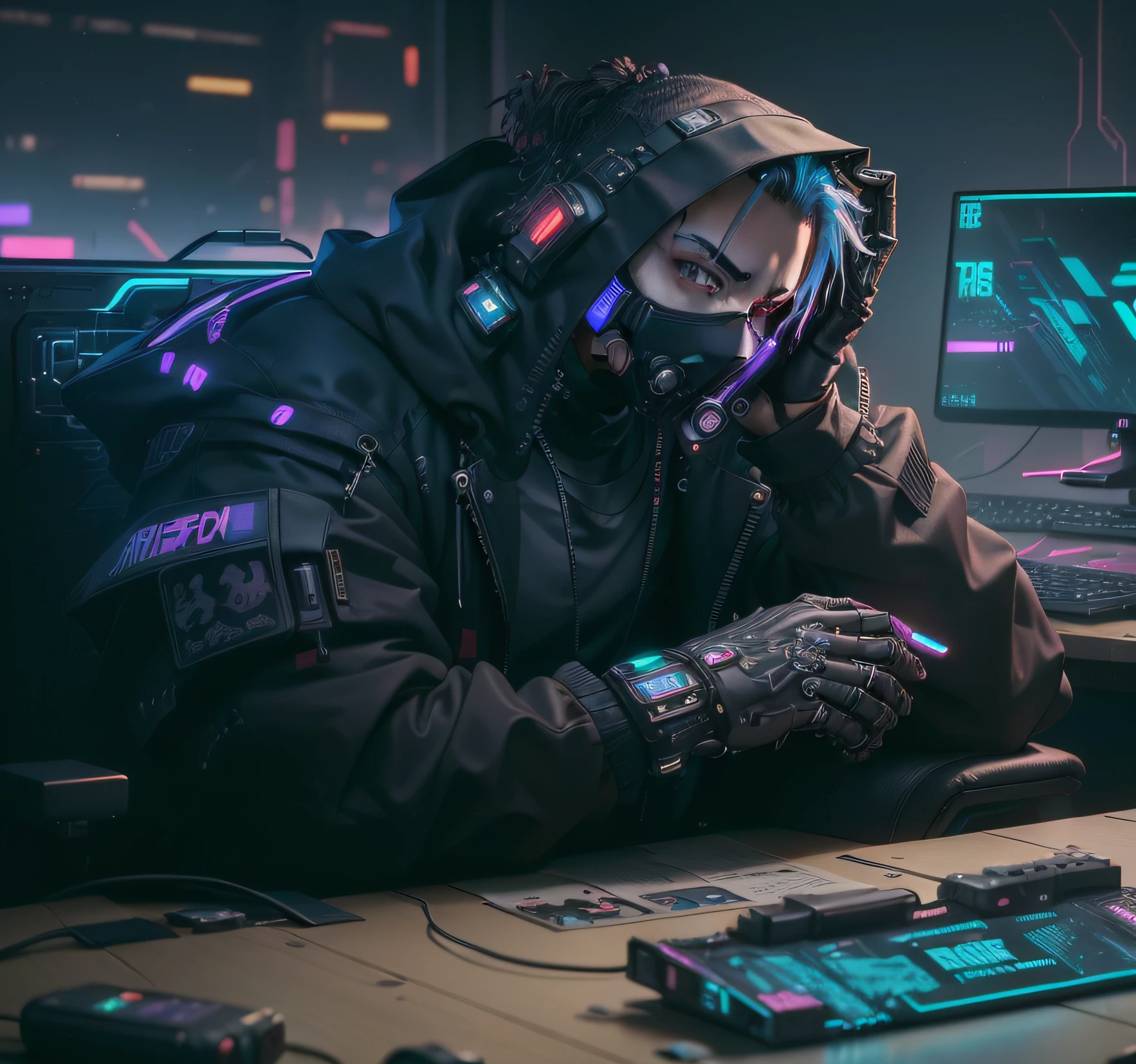(masutepiece, of the highest quality, Best Quality, Official art, Beautiful and aesthetic:1.2),(Cyberpunk:1.4) Hacker boy with his mouth covered with a black mask and a hacker logo on the left of the mask, ( in front he has his desk , on top of it the PC monitor on the left, ) ( his hands relaxing over the desk)