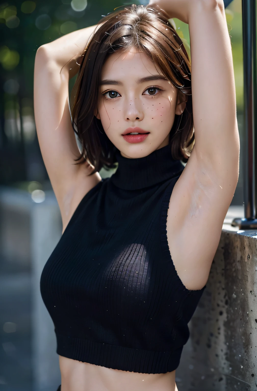 (Show underarms、Oiled shiny armpits:1.30、A hyper-realistic、Armpit、Oiled shiny armpits:1.30、Glossy armpits、oiled slimy armpits:1.30、slimy or underarms:1.20、Bright and detailed armpits、Detailed armpit wrinkles:1.7、Realistic armpit wrinkles:1.7、Light illuminating the armpits:1.4、Detailed armpit pores), (on the park、Bright armpits、illustratio), (hight resolution), (8K), (ighly detailed), (The best illustrations), (Armpit pose in bright park、High Neck Sleeveless Sweater、beatiful detailed eyes), (top-quality), (ultra-detailliert), (​masterpiece), (wall-paper), (详细的脸), 17 year old girl,Just a little freckles on the face、Show beautiful armpits,short-haired,Shorthair、Show the navel、Navel、Upper body only,Girl in dark blue sweater without high neck sleeves, japanes,((oiled slimy armpits:1.20、Oiled tecateca armpits:1.20、))