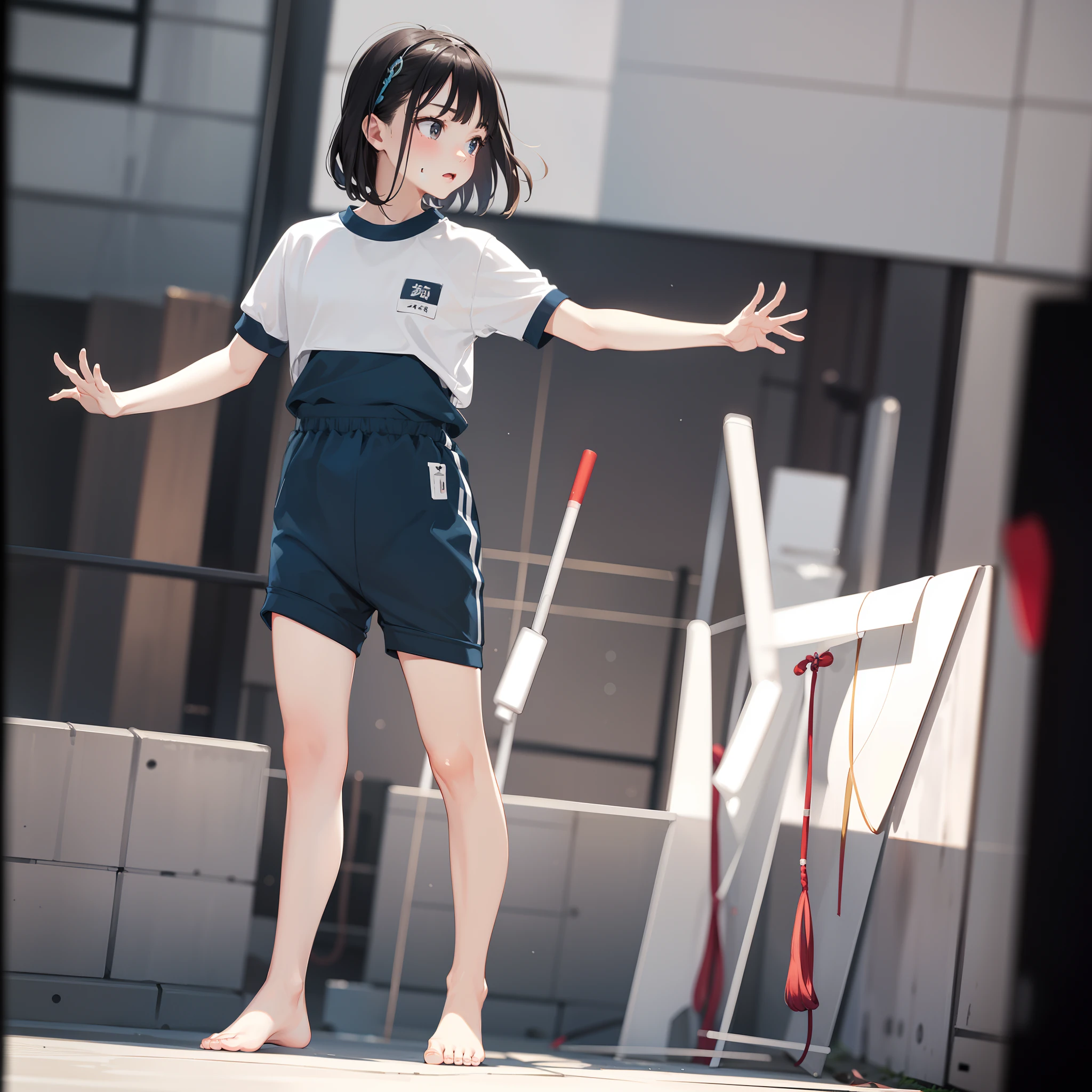 very cute female child:1.1,10 yo,japanese gym-suit:1.8,action:1.6,dynamic pose,dynamic angle,ground-level shot,low angle,full body shot,medium shot,Barefoot,Summer,day,flat chest,Wind,Drooping sweat:1.1,(4K), (Raw photo: 1.2), (Realism: 1.4), (masutepiece: 1.3), (exquisite detailing: 1.2), Delicate and beautiful details, (Eye Detail), (Facial Detailed), (Highest Quality) :1.4), (Hyper-Resolution: 1.2),(very detailed illustration), Best Quality,depth of fields, Wide light, natural shadows