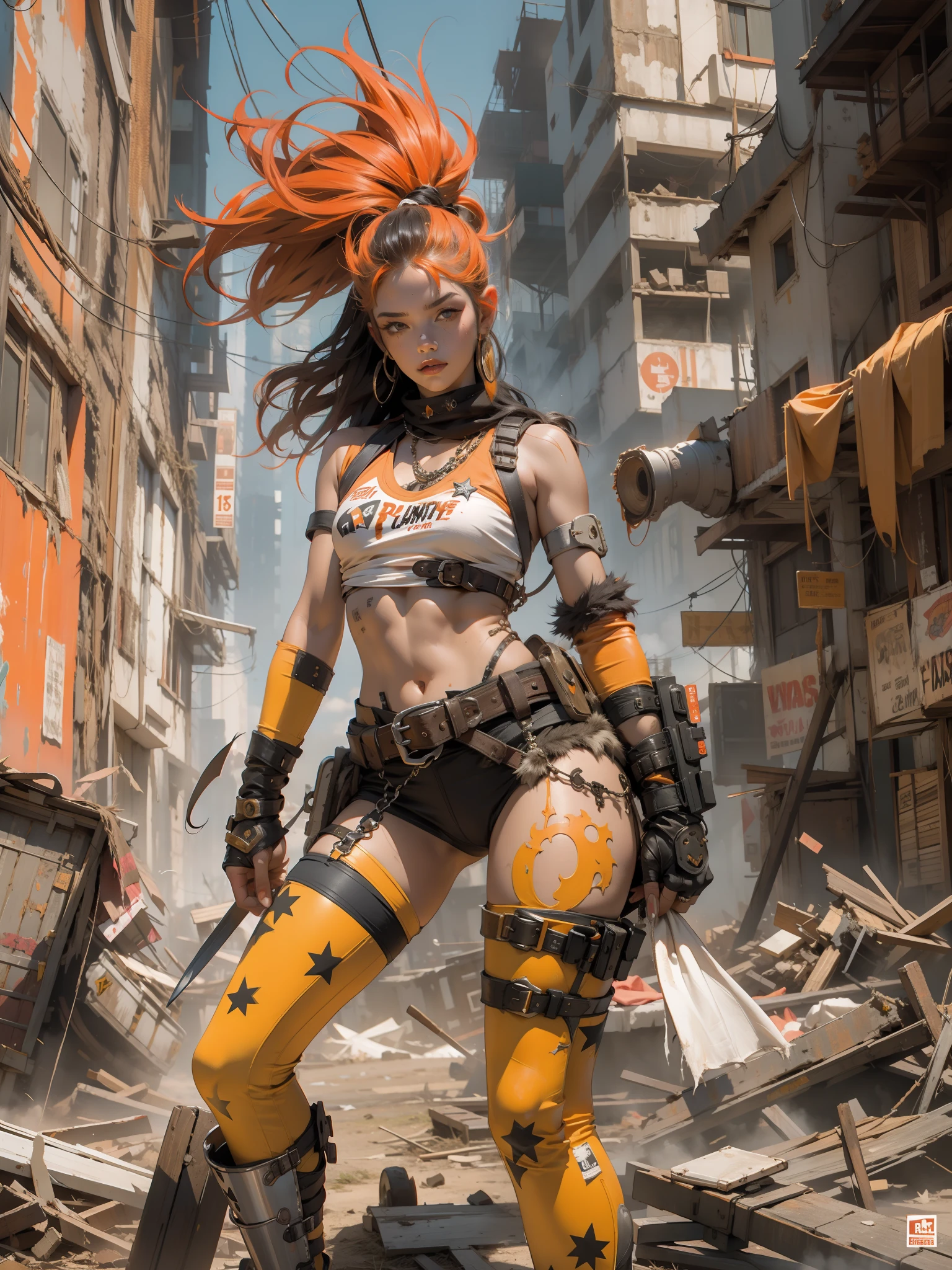 Nijistyle, Barbarian queen flossing in a post-apocalyptic world, Estilo Simon Bisley para uma capa de quadrinhos do Brooklyn Gladiator, pose sensual, Seminuas, quase , Destroyed orange clothing with white stars and black with white stripes, ( best quality), (absurdos), Corpo Perfeito, cena sexy, moicano colorido, Background with a destroyed city