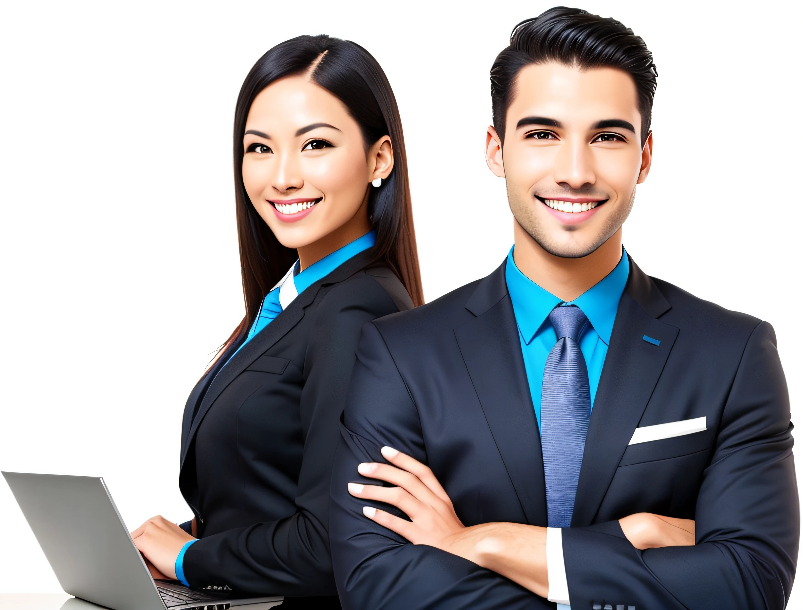 smiling business couple with arms crossed and laptop in hand, advertising photo, professional color photography, professional artwork, sleek design, professional graphic design, professional image, full-color, full - color, corporate photo, full colour, promo image, detailed color scan, professional background, in the background, marketing photo, ad image, commercial banner, photo render, commercial photo