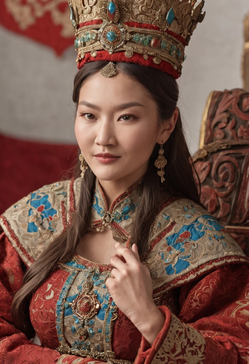 Crie uma imagem comovente de uma das filhas de Genghis Khan em um trono, with a queen's crown and holding a scroll symbolizing her late husband's inheritance. She is surrounded by counselors and exudes confidence.