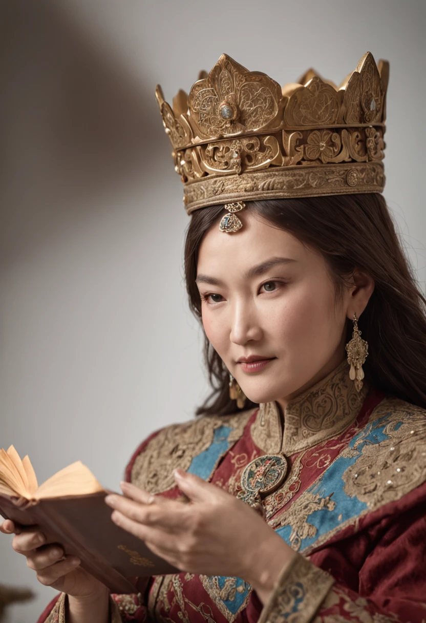 Crie uma imagem comovente de uma das filhas de Genghis Khan em um trono, with a queen's crown and holding a scroll symbolizing her late husband's inheritance. She is surrounded by counselors and exudes confidence.